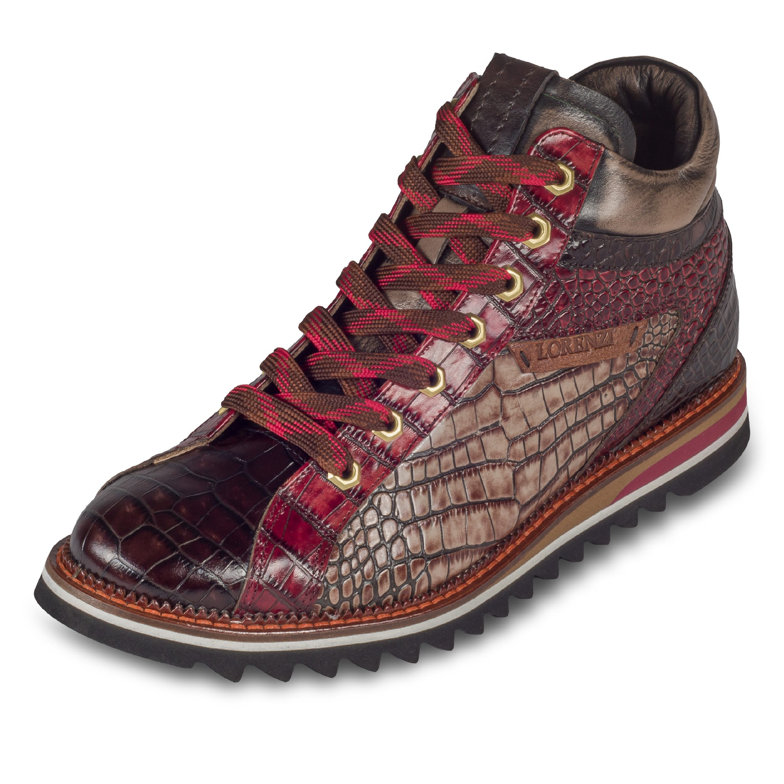 Lorenzi Herren Sneaker-Stiefel braun/rot - Leder, Lammfell, Kroko-Prägung Sneaker Handgefertigt in Italien