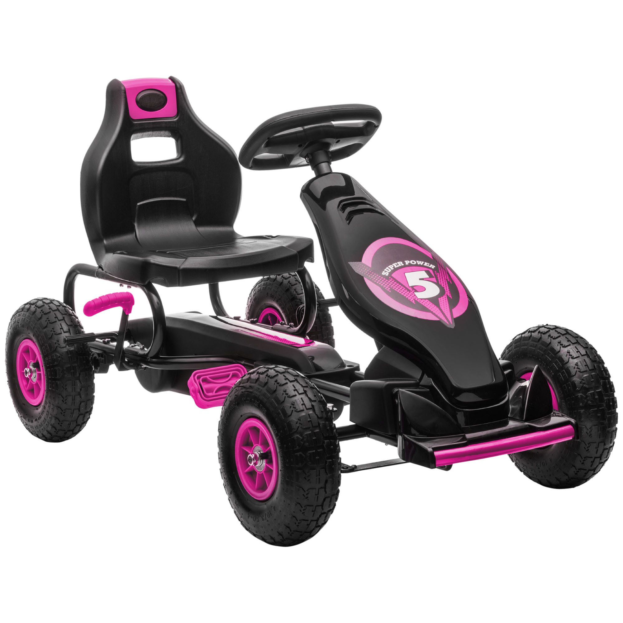 HOMCOM Go-Kart Kinderfahrzeug mit verstellbarem Sitz, Tretfahrzeug, mit Reifen, Pedal, Handbremse, für 5-12 Jahre Kinder, Rosa, Schwarz