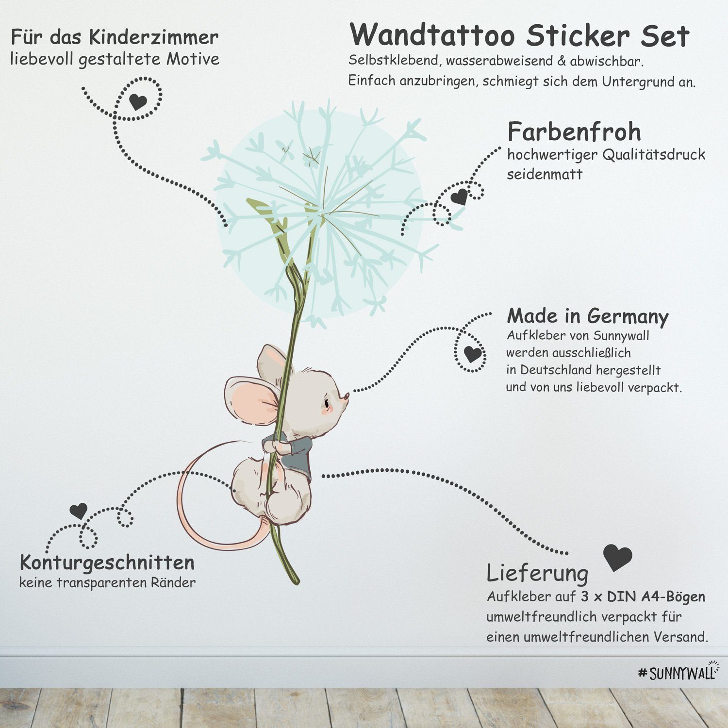 Sunnywall Wandtattoo Ballon Maus Wandsticker Wandtattoo (3 St), konturgeschnitten