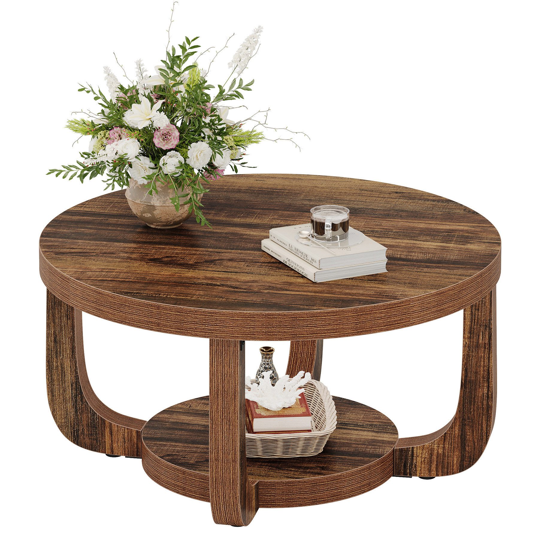 Tribesigns Couchtisch 2-stufiger runder Couchtisch mit Stauraum, Industrial Wohnzimmertisch