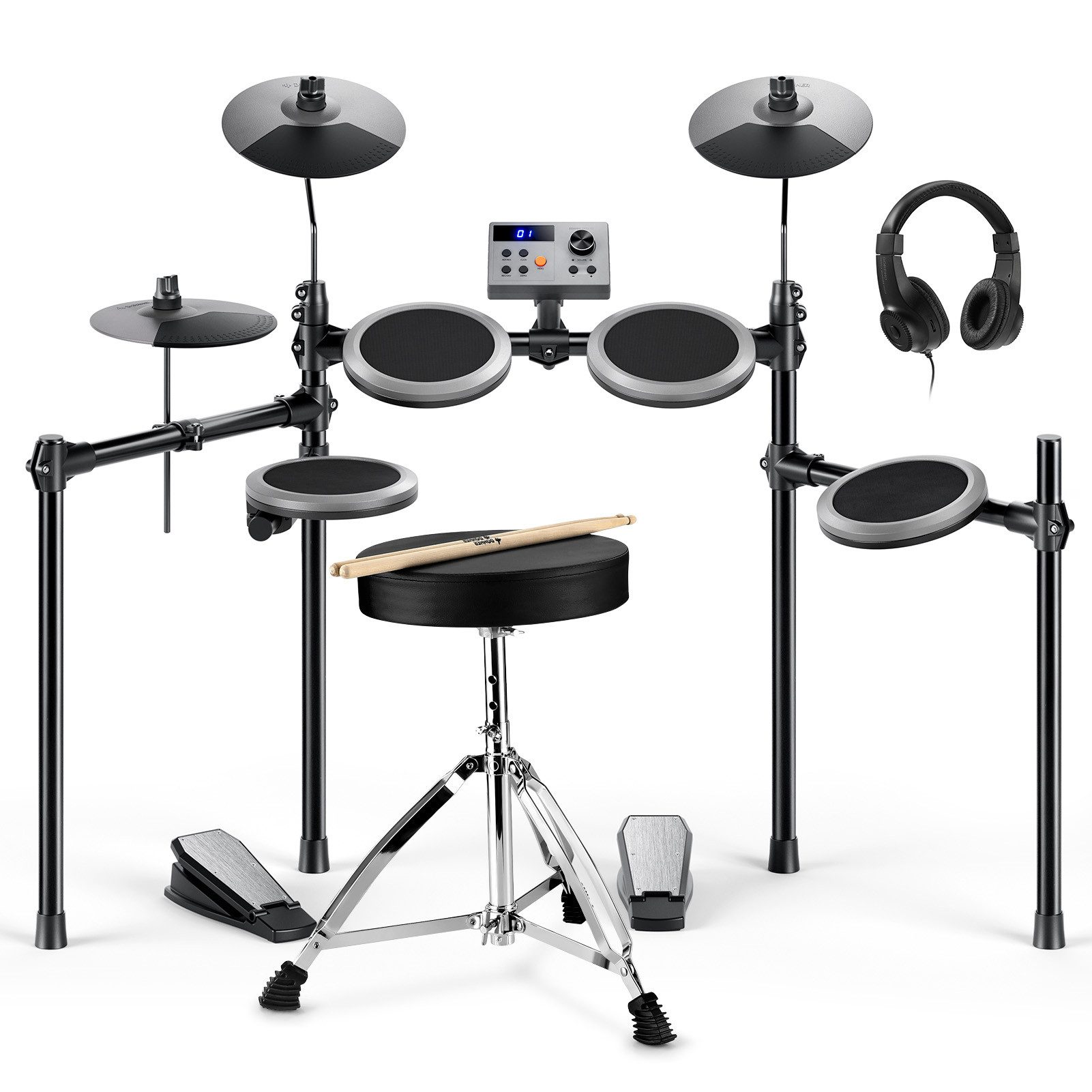 Donner E-Drum DED-70 Upgraded E-Drum Kit 150 Töne 15 Schlagzeug-Kits+ Unterricht,Komplettset, Sitzhocker, Kopfhörer, Integrierte Effekte, Leichtgewichtig, Programmierbar, Wetterbeständig