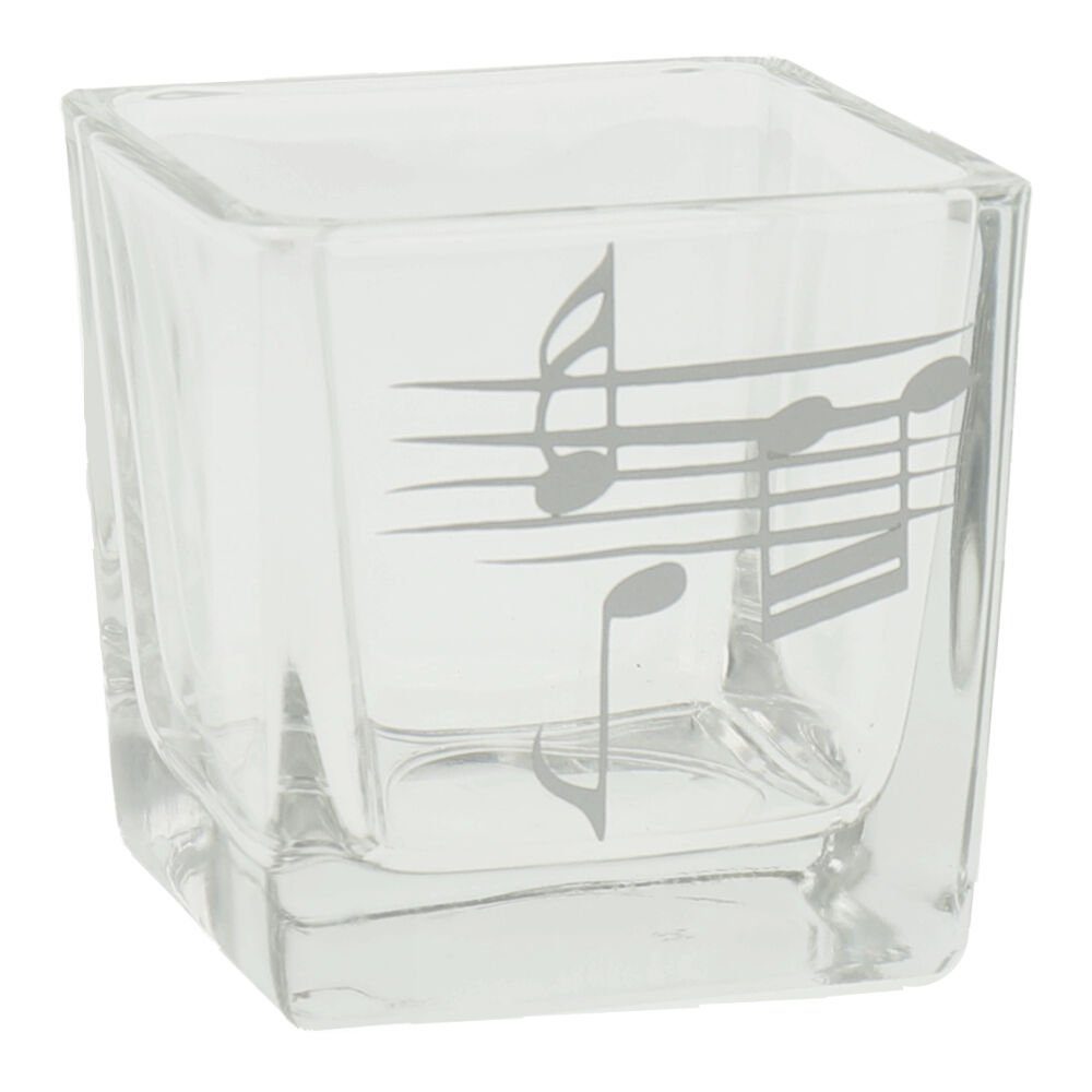 mugesh Tischkerzenhalter Teelichtglas quadratisch mit Notenlinien, für Musiker silber