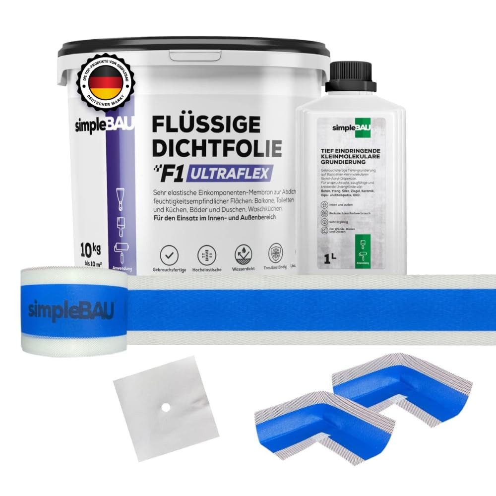 simpleBAU Dichtstoff Flüssigfolie Dichtfolie F1 Ultraflex 10 kg + Tiefengrund 1L, (5-tlg)