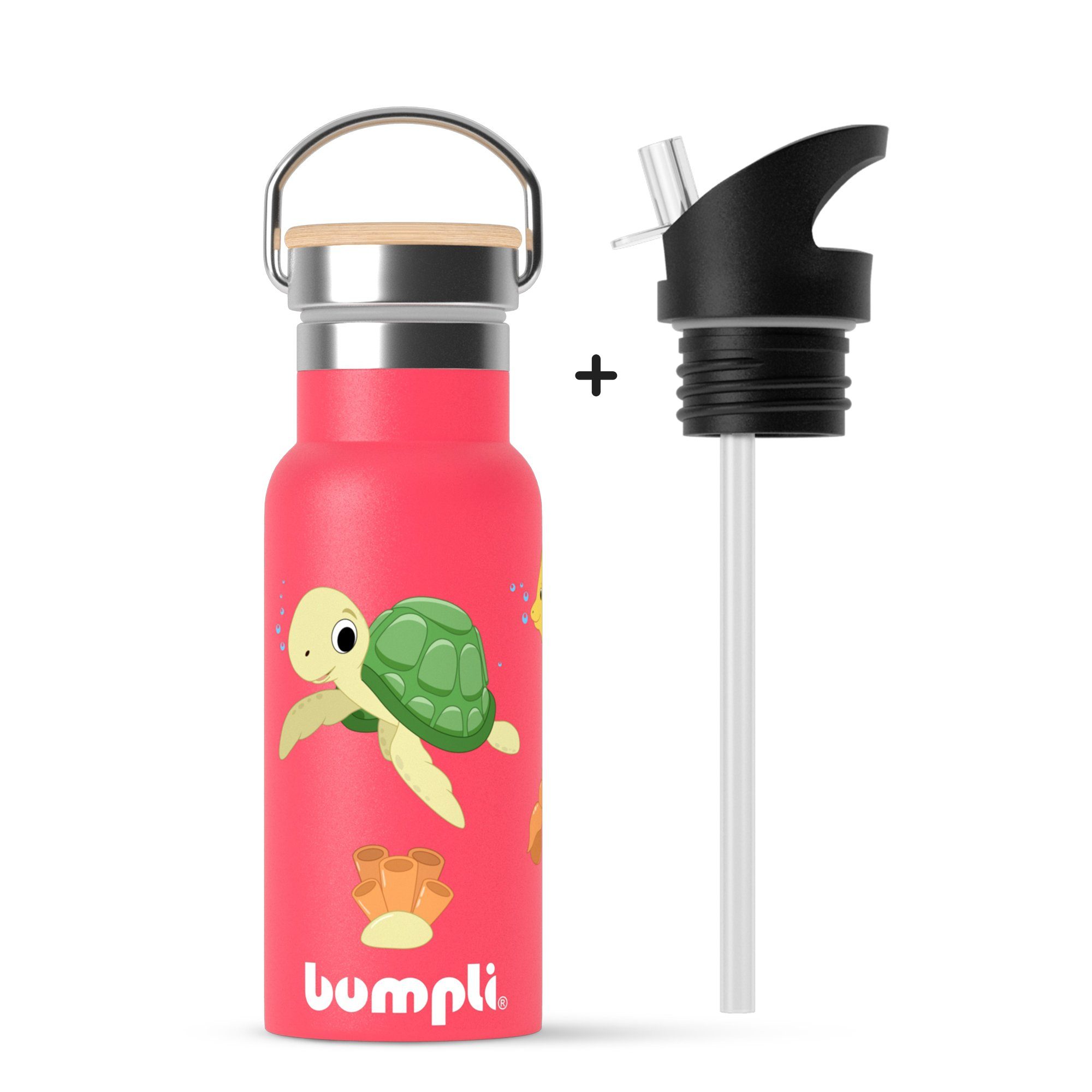 bumpli® Trinkflasche Kinder Strohhalmdeckel Thermosflasche, + Rot Trinkflasche Gratis Auslaufsicher Edelstahl, 350ml
