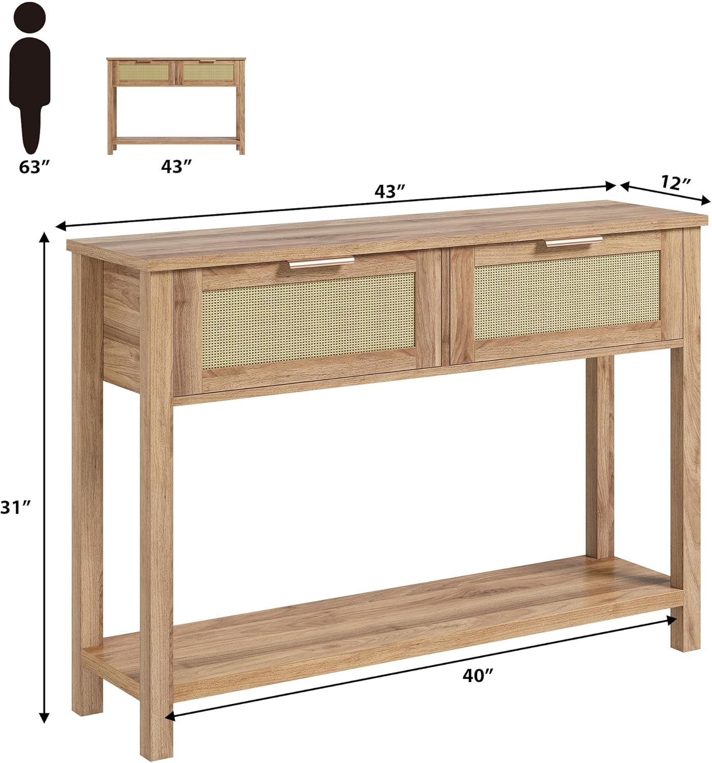GarveeMore Konsolentisch Rattan,2-stöckiger Sofatisch mit 2 Schubladen,110x günstig online kaufen