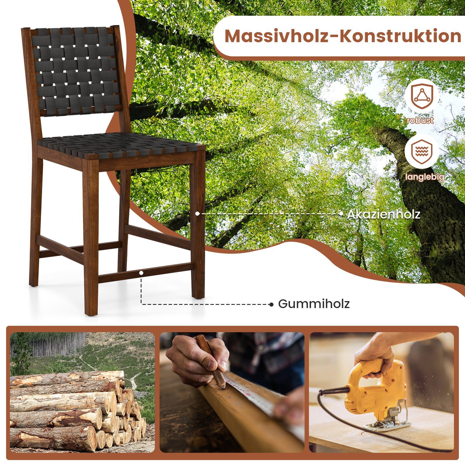 COSTWAY Esszimmerstuhl, 2er Set,mit gewebter Rückenlehne, Sitzhöhe 61cm Holz