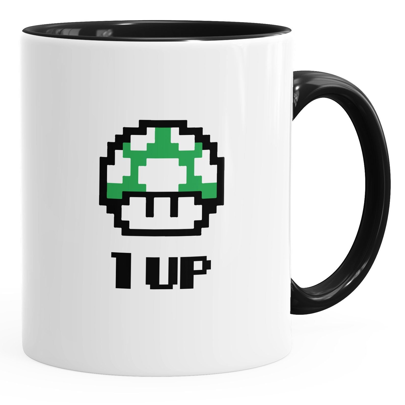 MoonWorks Tasse Kaffee-Tasse Geburtstag Retro Pixel-Pilz 1-Up-Pilz Level-Up Gaming Konsole 90er MoonWorks®, Keramik schwarz