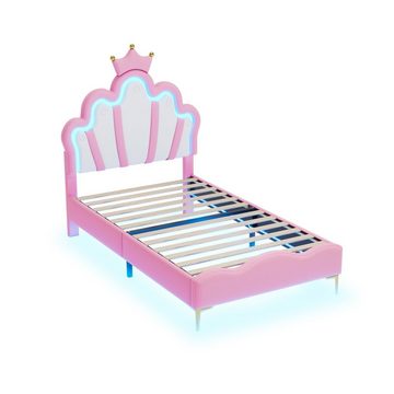 Ulife Polsterbett LED Kinderbett Einzelbett mit krone-Form Prinzessinnenbett, verstellbarer LED-Umgebungslichtstreifen, 90*200cm