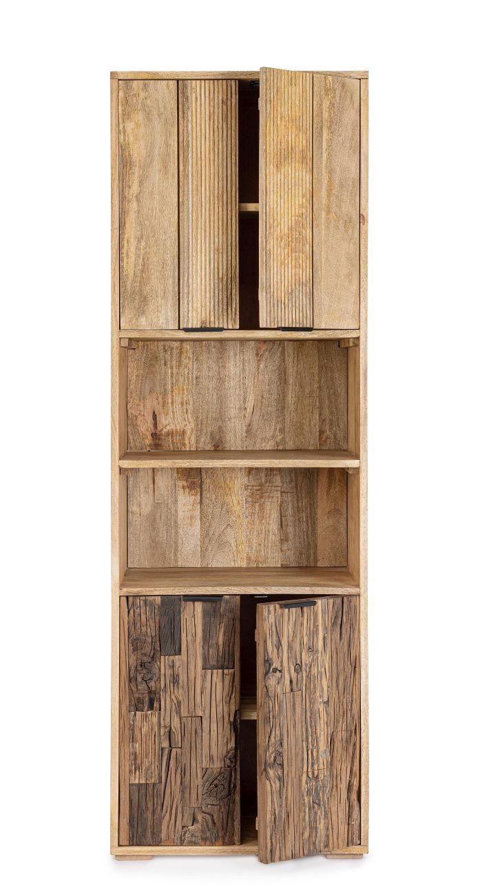 Feeling4Home Mehrzweckschrank Nashik aus Mangoholz, Schmal Türen: 2x Mangoholz, 2x recyceltes Holz, mit Magnetverschluss