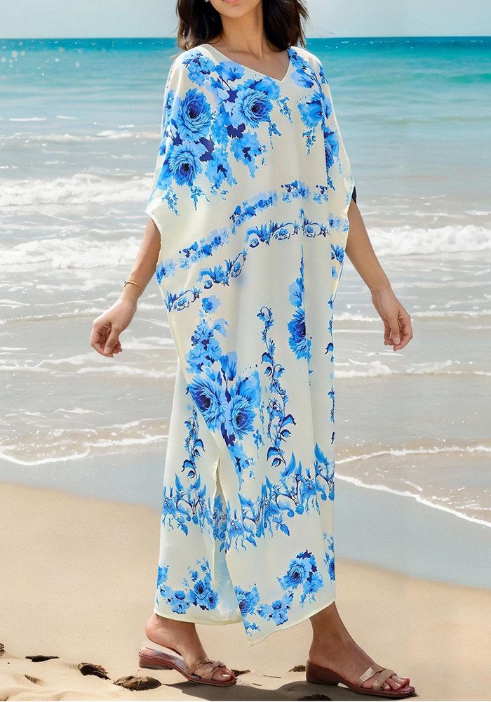Lovolotti Sommerkleid Strandkleid mit V-Ausschnitt aus Viskose – Luftiges Midikleid mit Blumenmuster, locker fallend, für Urlaub und Freizeit