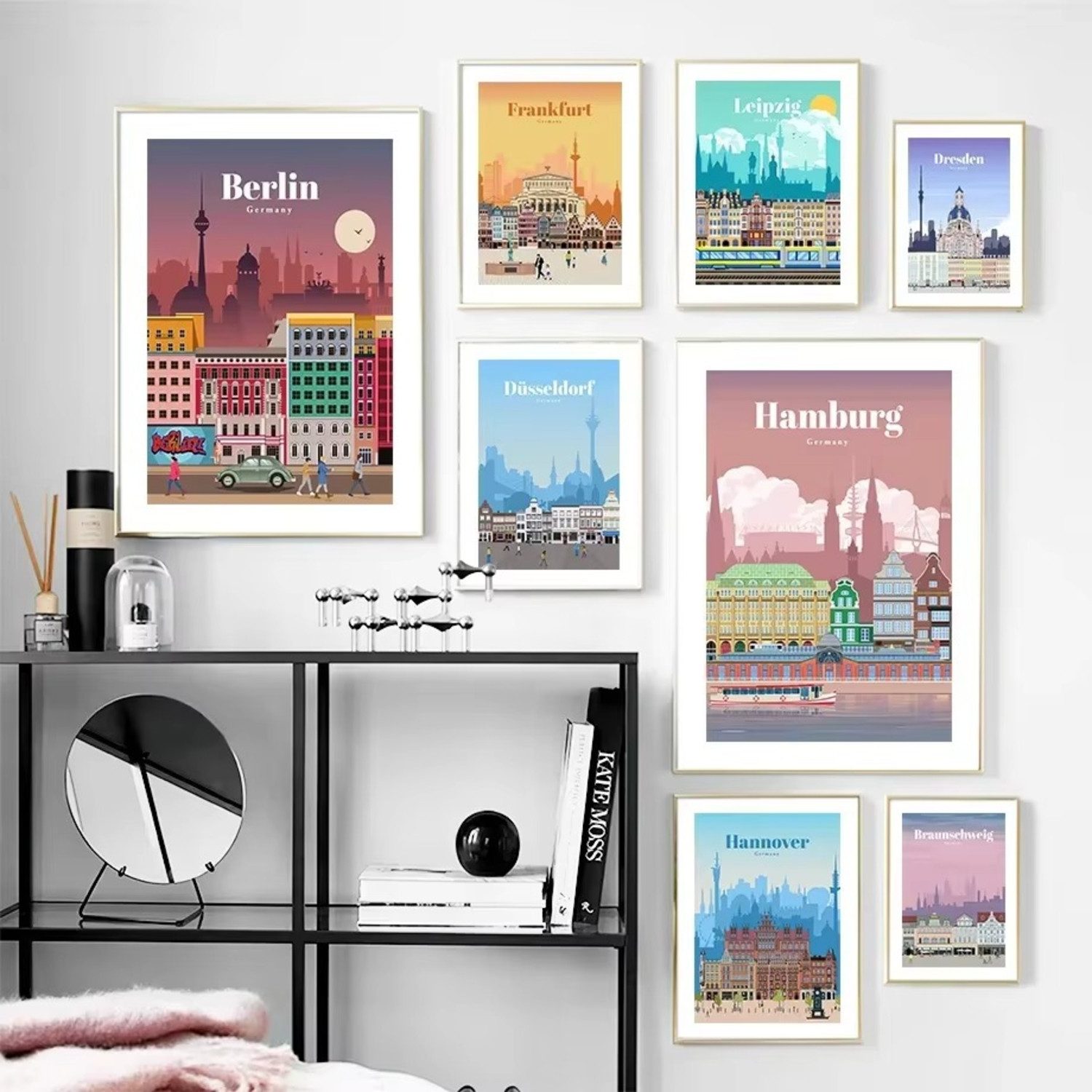TPFLiving Kunstdruck OHNE RAHMEN, Nordic Leinwand Malerei Berlin Deutschland Reise Stadt Karte Poster (Leinwandbild XXL), Farben: Farben: weiß, blau, orangeGröße: 30x40cm