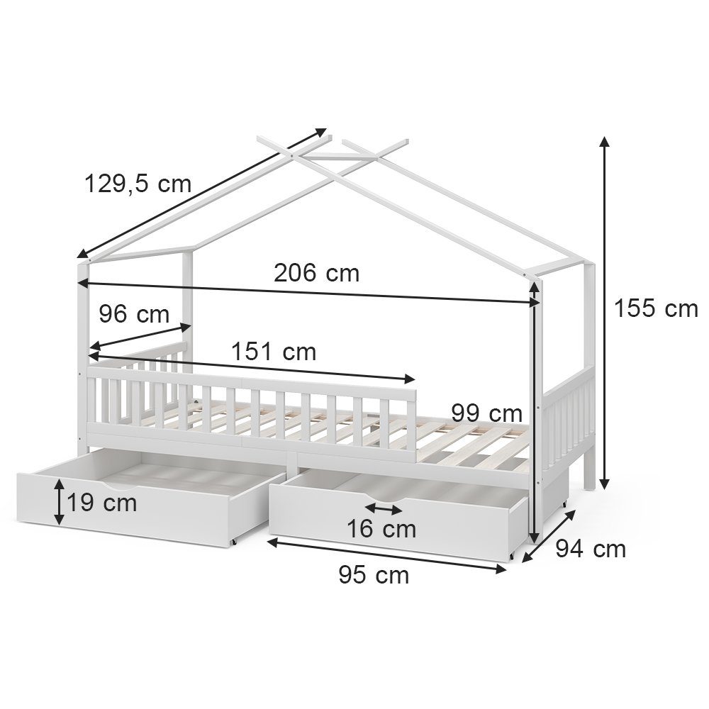 VitaliSpa® Hausbett Franka, Weiß, 90x200 cm mit 2 Schubladen (3-tlg), mit Rausfallschutz
