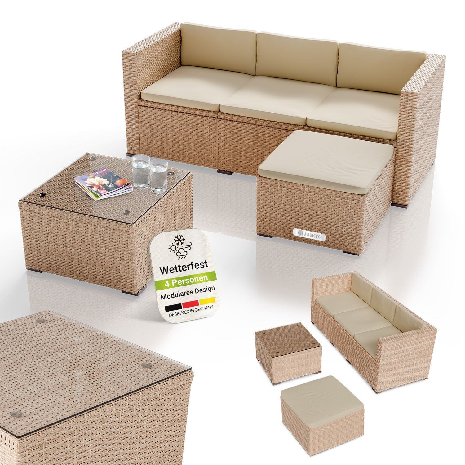 Juskys Gartenlounge-Set Punta Cana, (Set, Sitzgruppe), Polyrattan Sitzgarnitur mit 1 Tisch, 1 Sofa und 1 Hocker