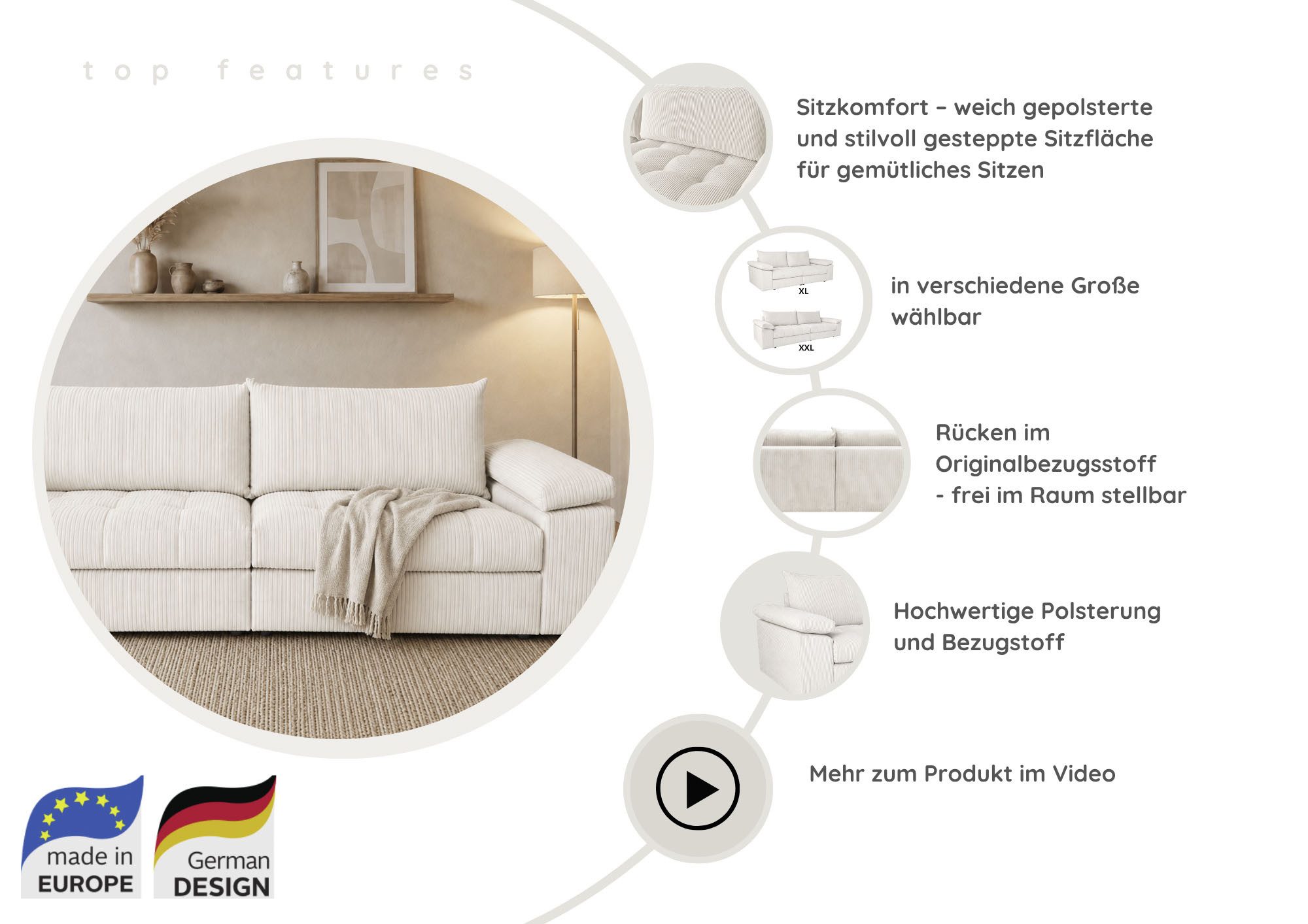 OTTO home Big-Sofa Soft&Cosy Pik XL, B: 246 cm, Mega Sofa in Cord, Lounge-Komfort mit edler Sitzsteppung, Federkern – Bild 3 von 5