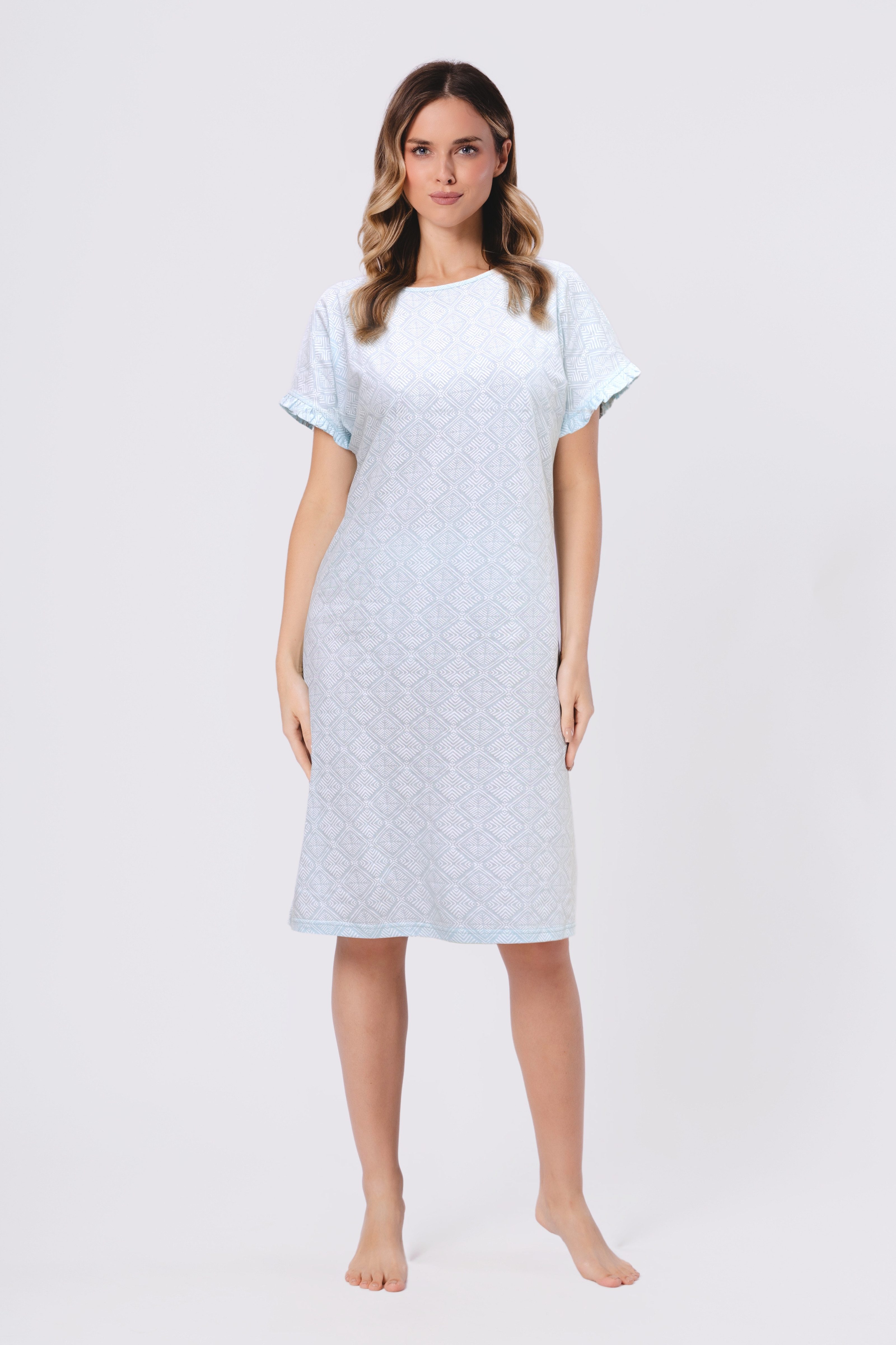 COOLISMO NIGHTWEAR Nachthemd Damen Schlaf-Shirt Baumwolle knielanges Nachthemd in Mintgrün mit Romben-Muster & Ärmelrüsche