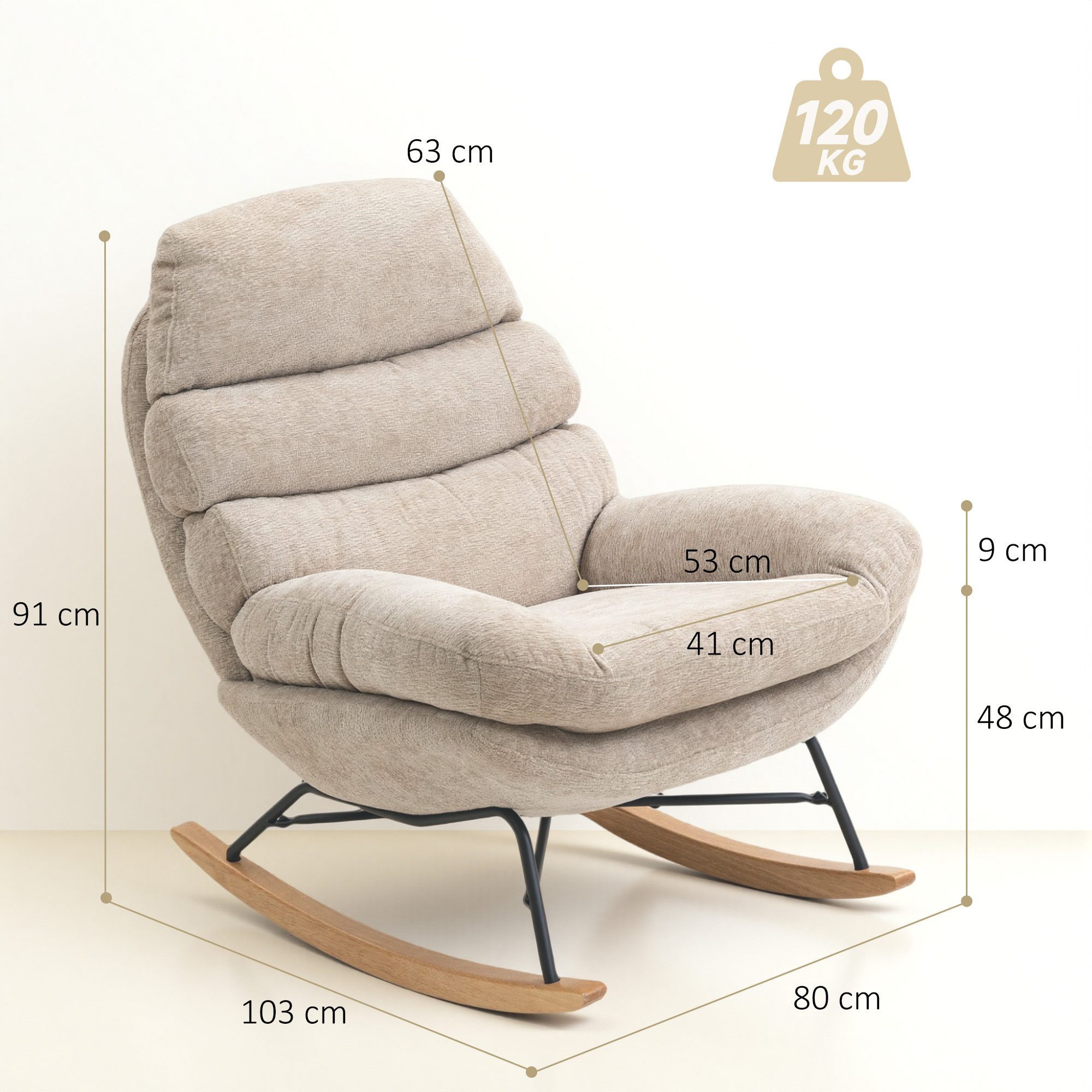 HOMCOM Schaukelstuhl Schaukelsessel mit Rückenlehne, Gepolstert Relaxsessel Lesesessel (Set, 1 St), Schneidersitz-Design, 105° Schaukelbewegung – Bild 3 von 5