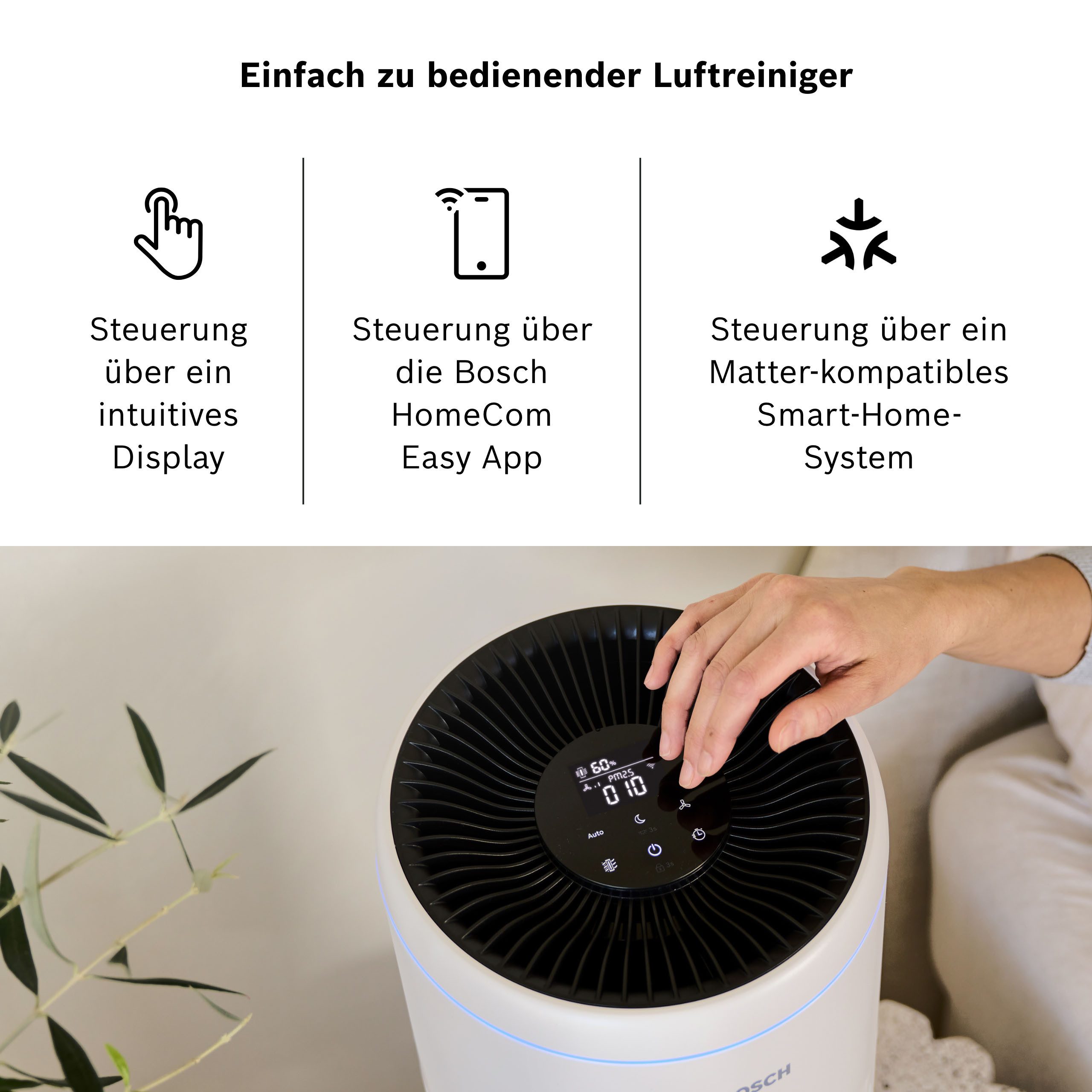 BOSCH Luftreiniger Air 2000i, kompakt mit App-Steuerung, für 37 m² Räume, mit 3-in-1 Luftfilter, Smart Sensor, Automatik-, Ruhemodus < 25 dB(A)