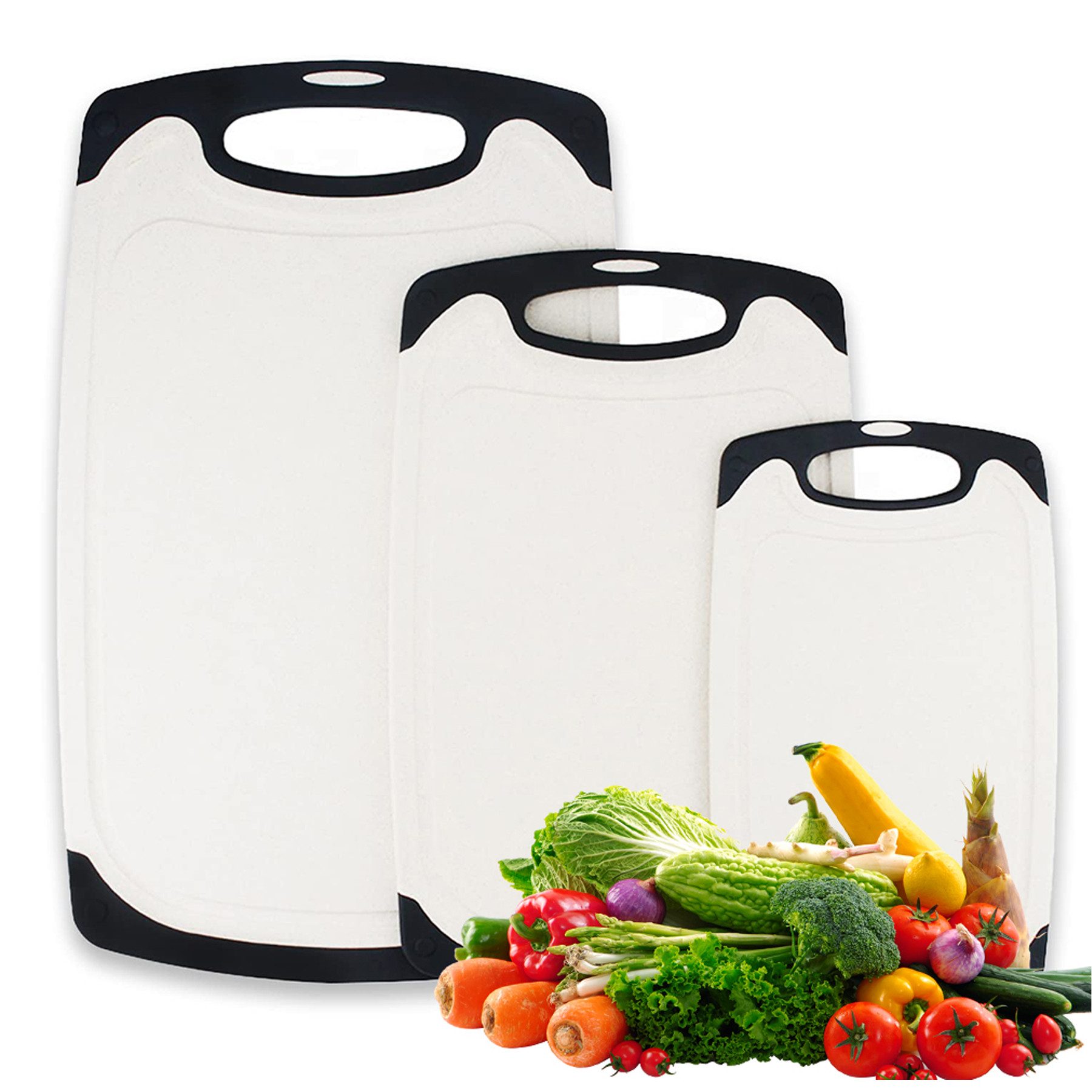 Keyura Kräuterschneidebrett Schneidebrett Set 3 Stück Weizenstroh Küche Schneidebretter, (BPA Frei mit Saftrillen Leicht Zu Greifen, Hängenden Löchern, Rutschfestem, Spülmaschinenfestem Schneidebrett), für Küche, Restaurant, Bar, Outdoor,Picknick, Camping oder Reisen