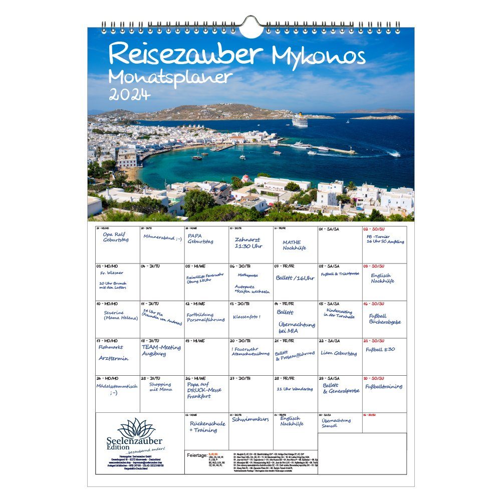 Seelenzauber Wandkalender Reisezauber Mykonos Planer DIN A3 Kalender für 2024 Chora Griechenland