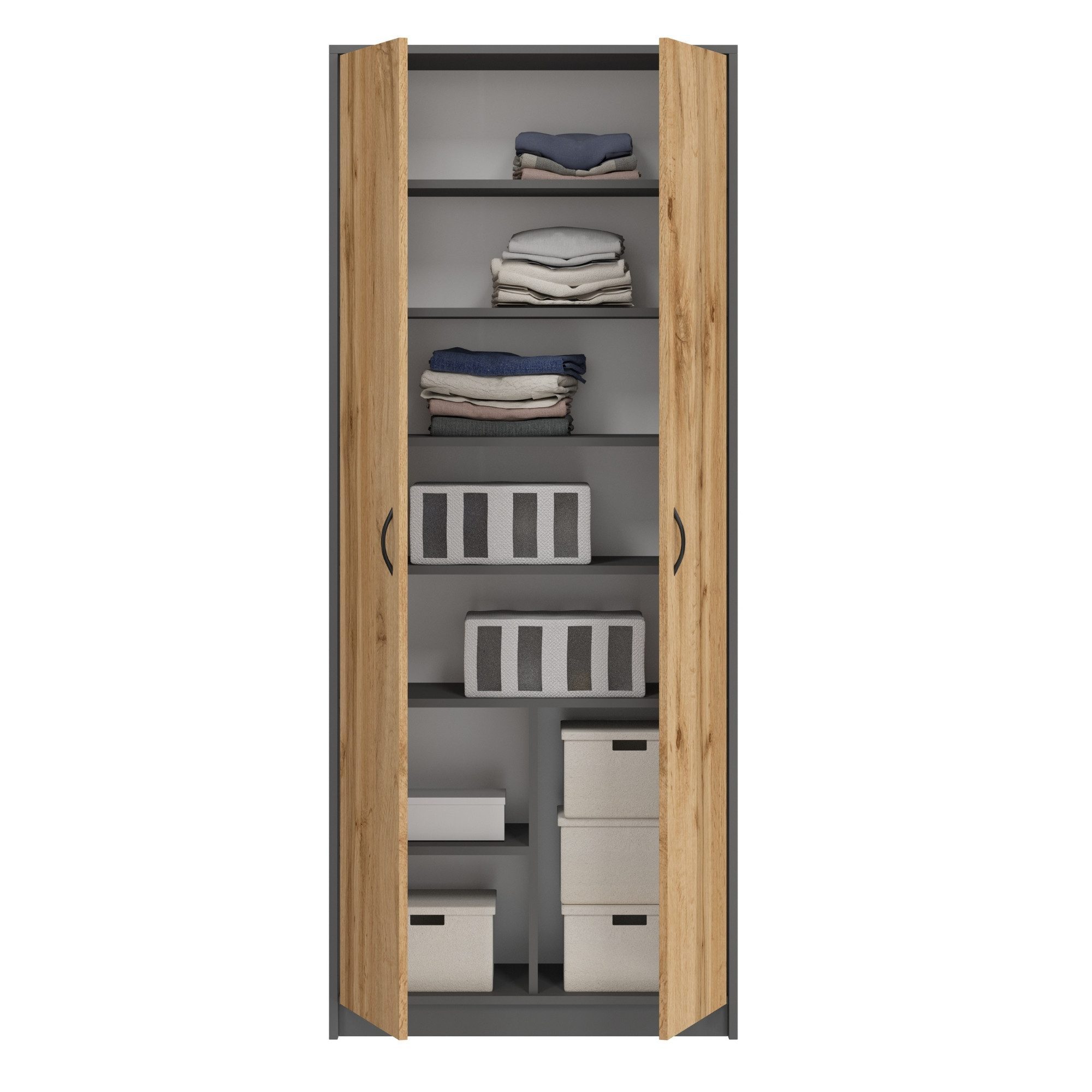 Home Collective Mehrzweckschrank Kleiderschrank Regal 74cm breit 180cm hoch Aktenschrank mit sechs Einlegeböden und Extra-Fach, in Anthrazit mit Eichefarben – Bild 5 von 5