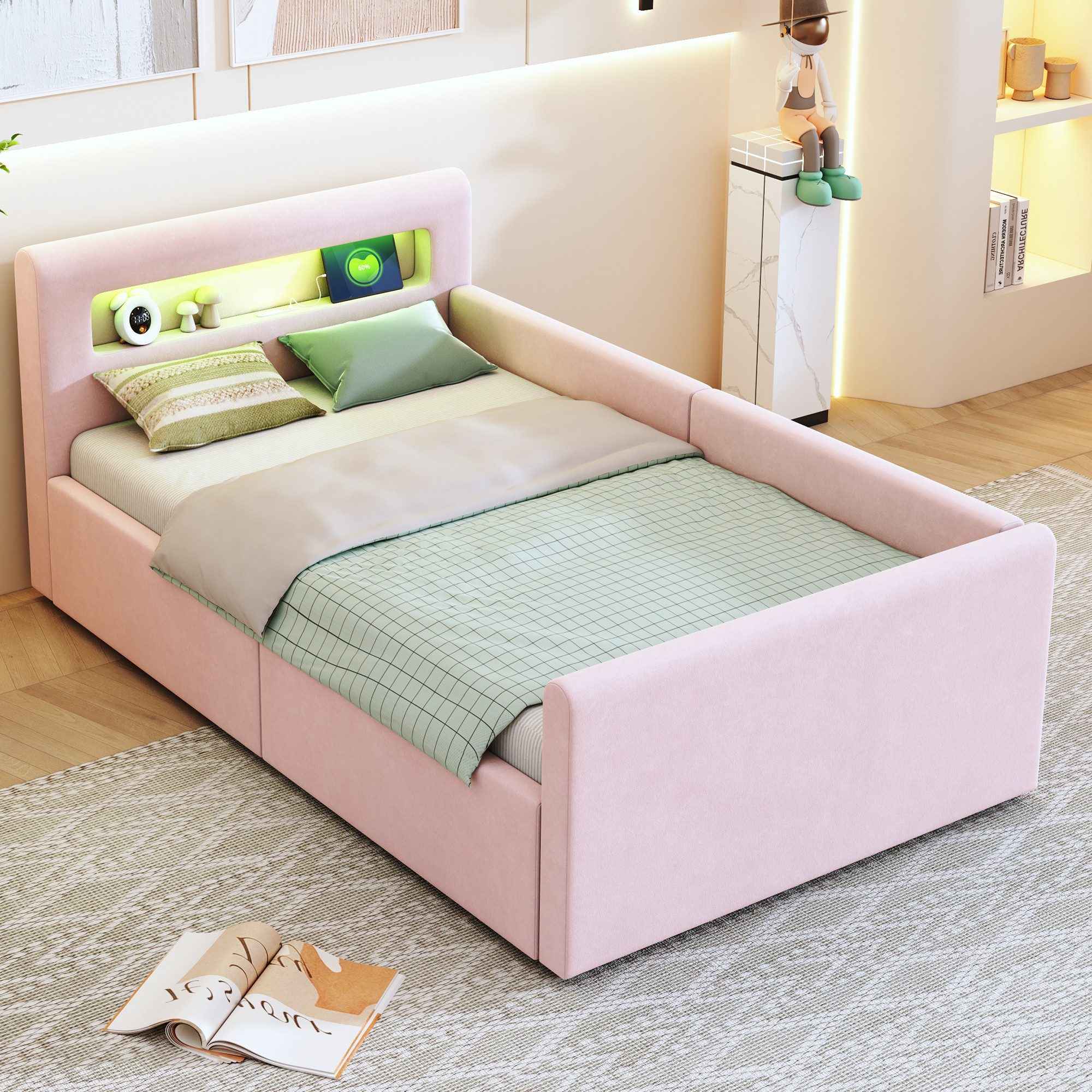 Merax Polsterbett mit hydraulischem Stauraum und Regal (Daybett Tagesbett Schlafsofa, 1-tlg), Kinderbett 90x200cm mit LED USB-Anschluss Nachtlicht, Samt Einzelbett