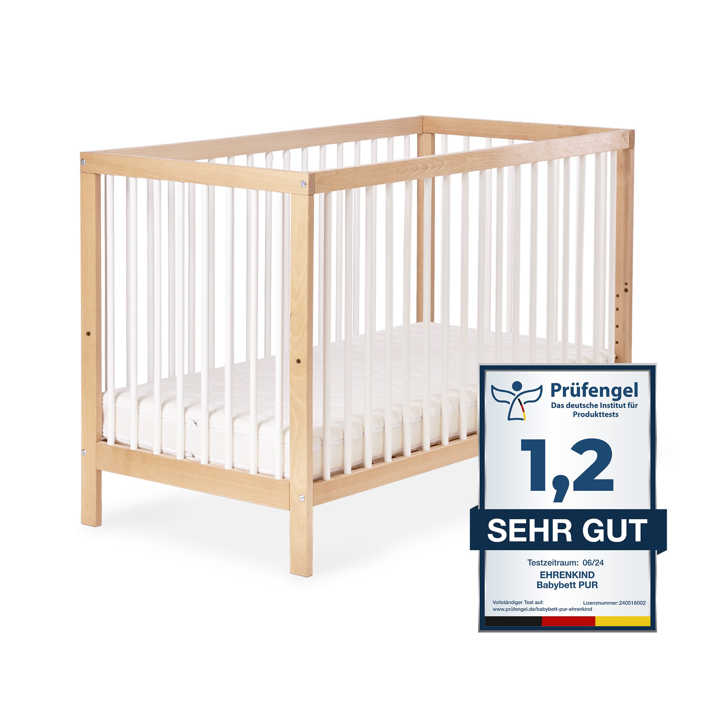 Babybett PUR aus massivem Buchenholz, flexibel höhenverstellbar, Gitterbett