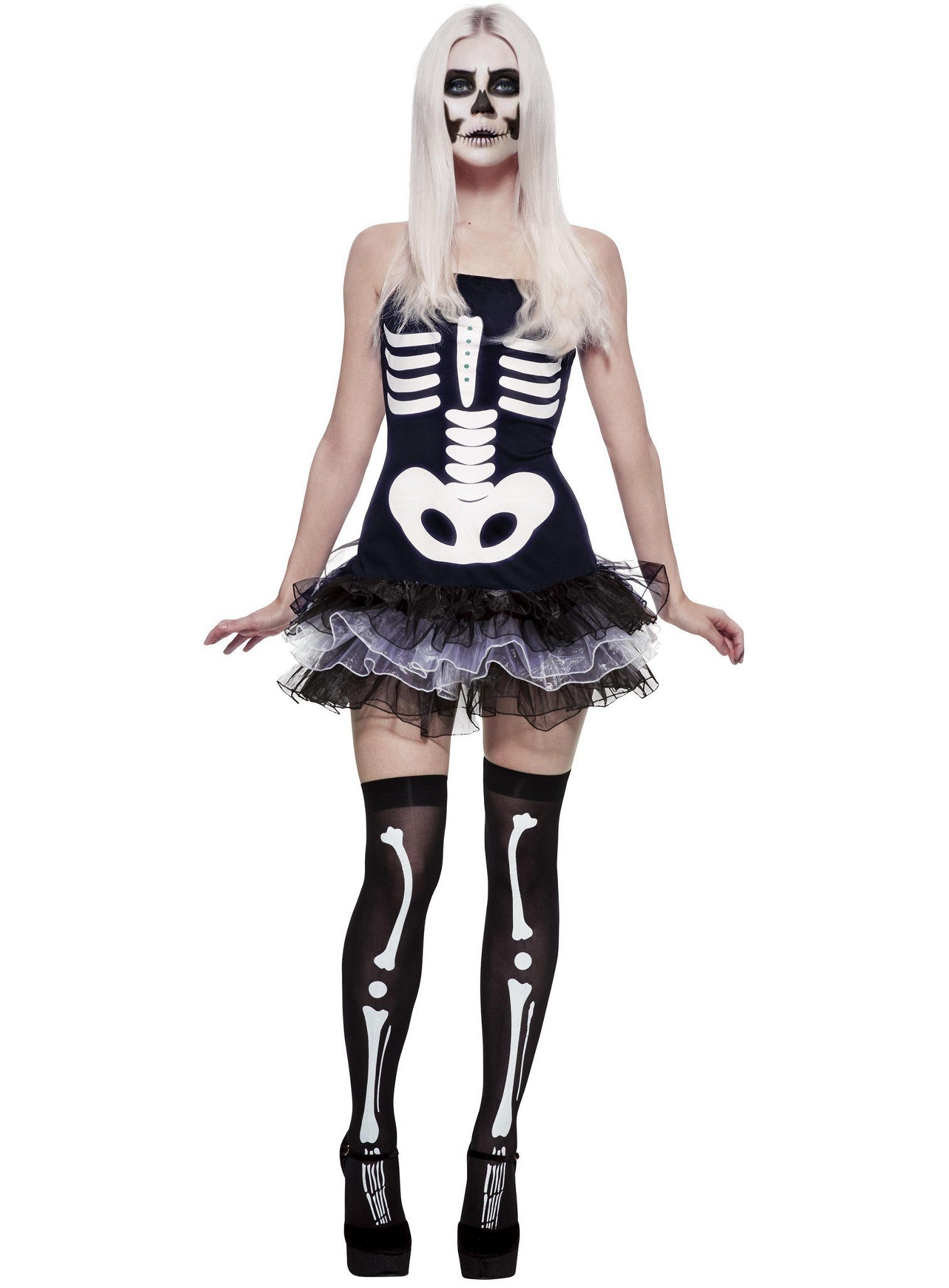 Smiffys Kostüm Comic Skelett Kleid, Tutukleidchen mit stilisiertem Knochen-Print