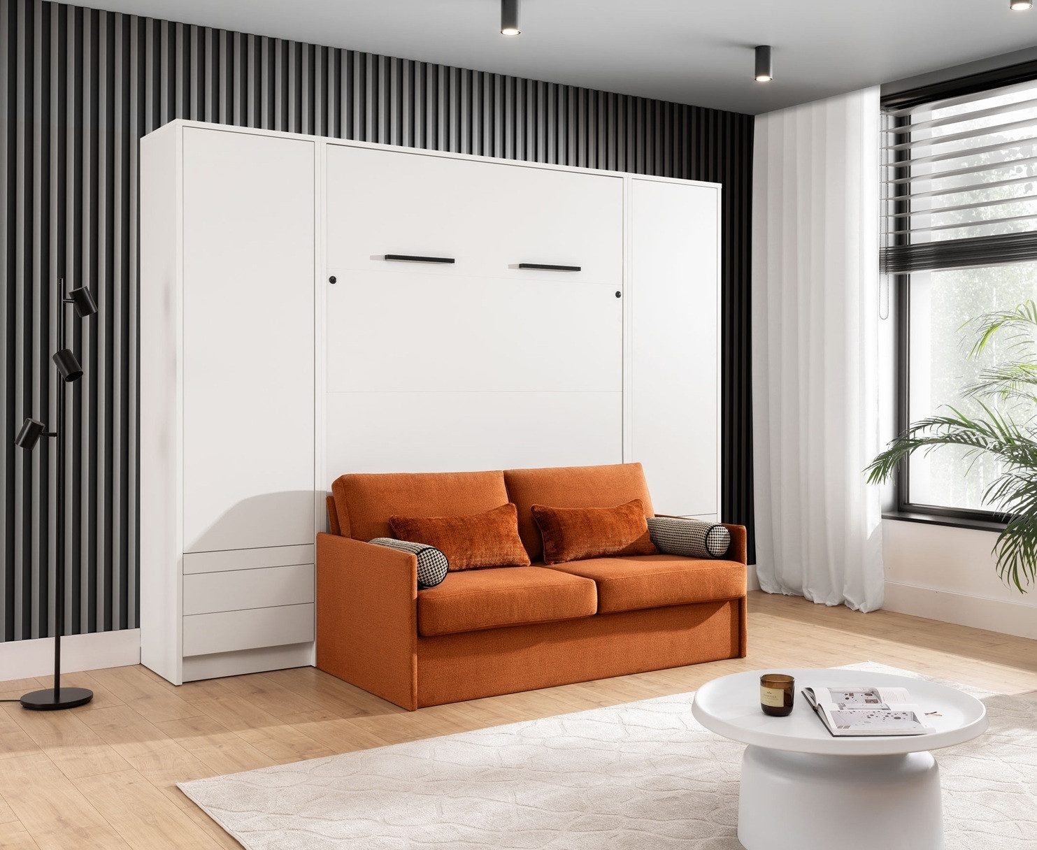 QMM TraumMöbel Schrankbett Wandbett GN 140x200 weiß mit LED, 2 Schränken und Sofa (Set, 4-St., Schrankbett mit Sofa und 2 Schränken) vertikal klappbar, mit LED-Beleuchtung mit Fernbedienung