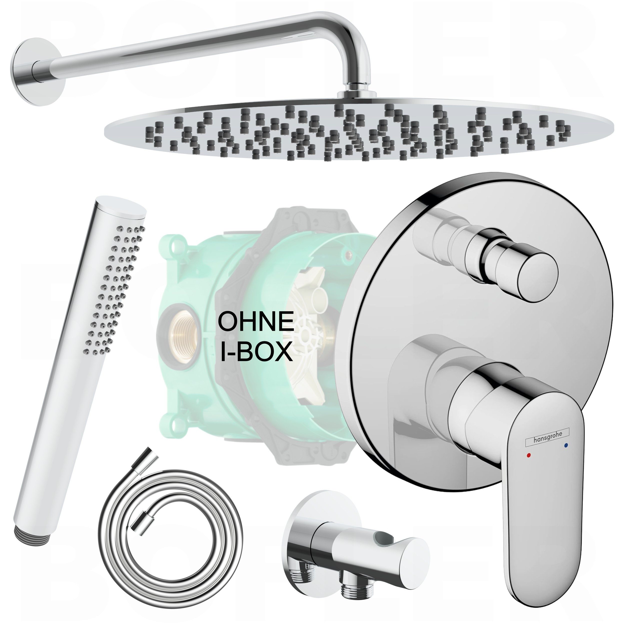 Hansgrohe und Bofler Duscharmatur Hansgrohe Vernis Blend Unterputz Armatur mit Umsteller (OHNE IBOX, Unterputz Duschsystem, Duschanlage, Duschset, inkl. BOFLER Brauseset #50-O, Regendusche 30cm, Wandarm, Handbrause) wassersparende Regendusche, Gummidüsen, hochglanz verchromt