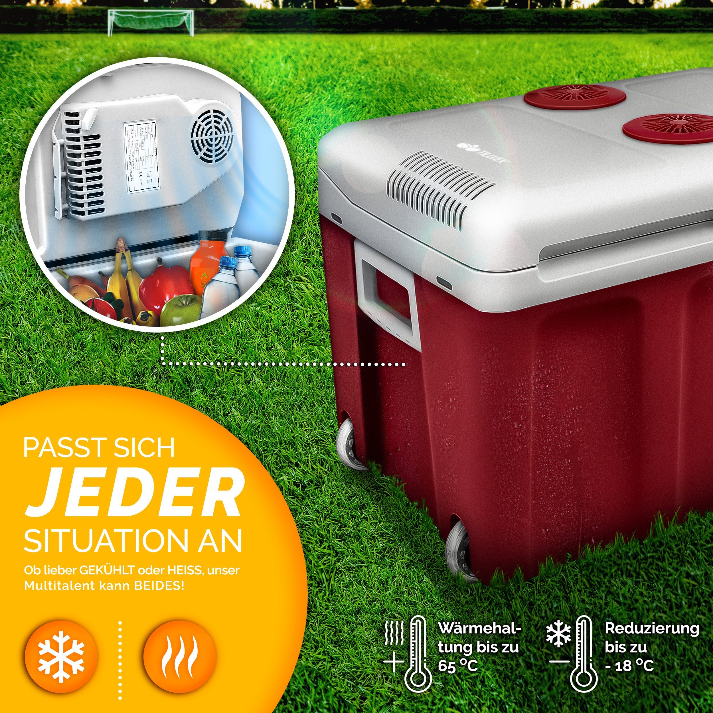 tillvex Kühlbox elektrisch 40L mit Rollen Mini-Kühlschrank, 230 V und 12 V für KFZ Auto Camping, kühlt & wärmt, ECO-Modus