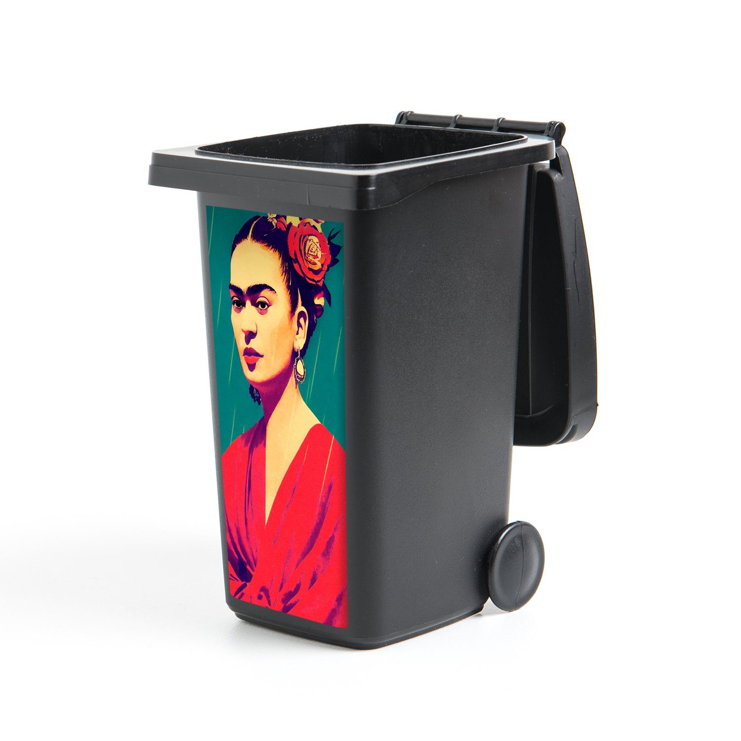 MuchoWow Wandsticker Porträt - Frida Kahlo - Frau - Vintage - Rot (1 St), Mülleimer-aufkleber, Mülltonne, Sticker, Container, Abfalbehälter