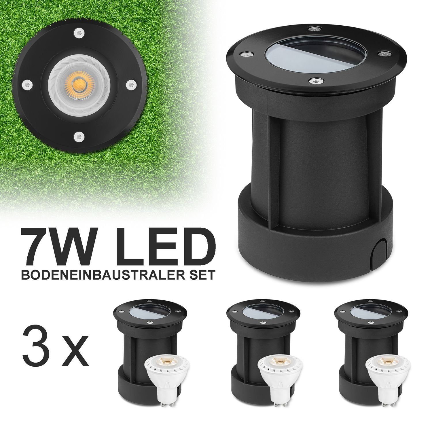 LEDANDO LED Einbaustrahler 3er LED Bodeneinbaustrahler Set Schwarz mit LED GU10 Markenstrahler vo
