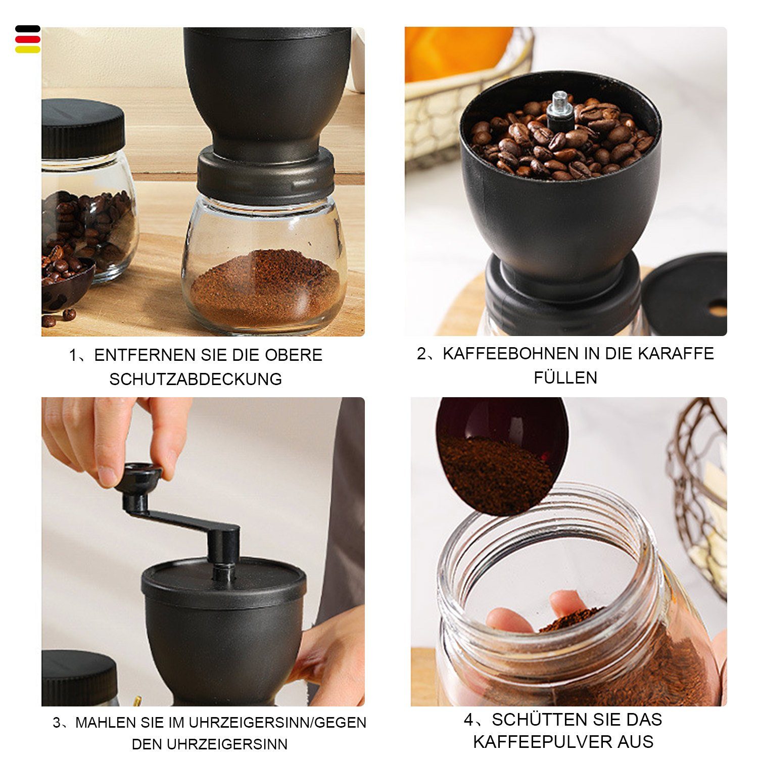 Kaffeebohnenmahlwerk Tragbare Handkurbel-Kaffeemaschine Doppeldose Kaffeemühle MAGICSHE Schwarz