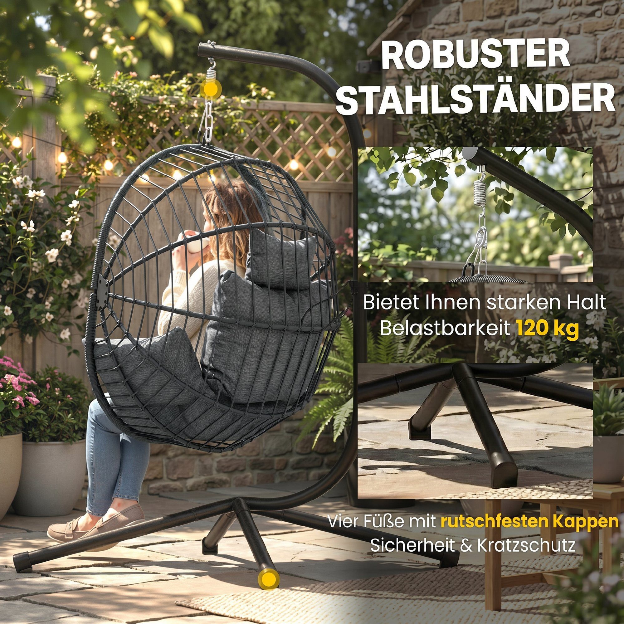 Outsunny Hängesessel Eiförmiger Hängeschaukel mit Kissen, faltbar Hängematte (Sitzkorb, 1-St., Becherhalter), Rattanoptik für Indoor, Outdoor, bis 120 kg Belast – Bild 4 von 5