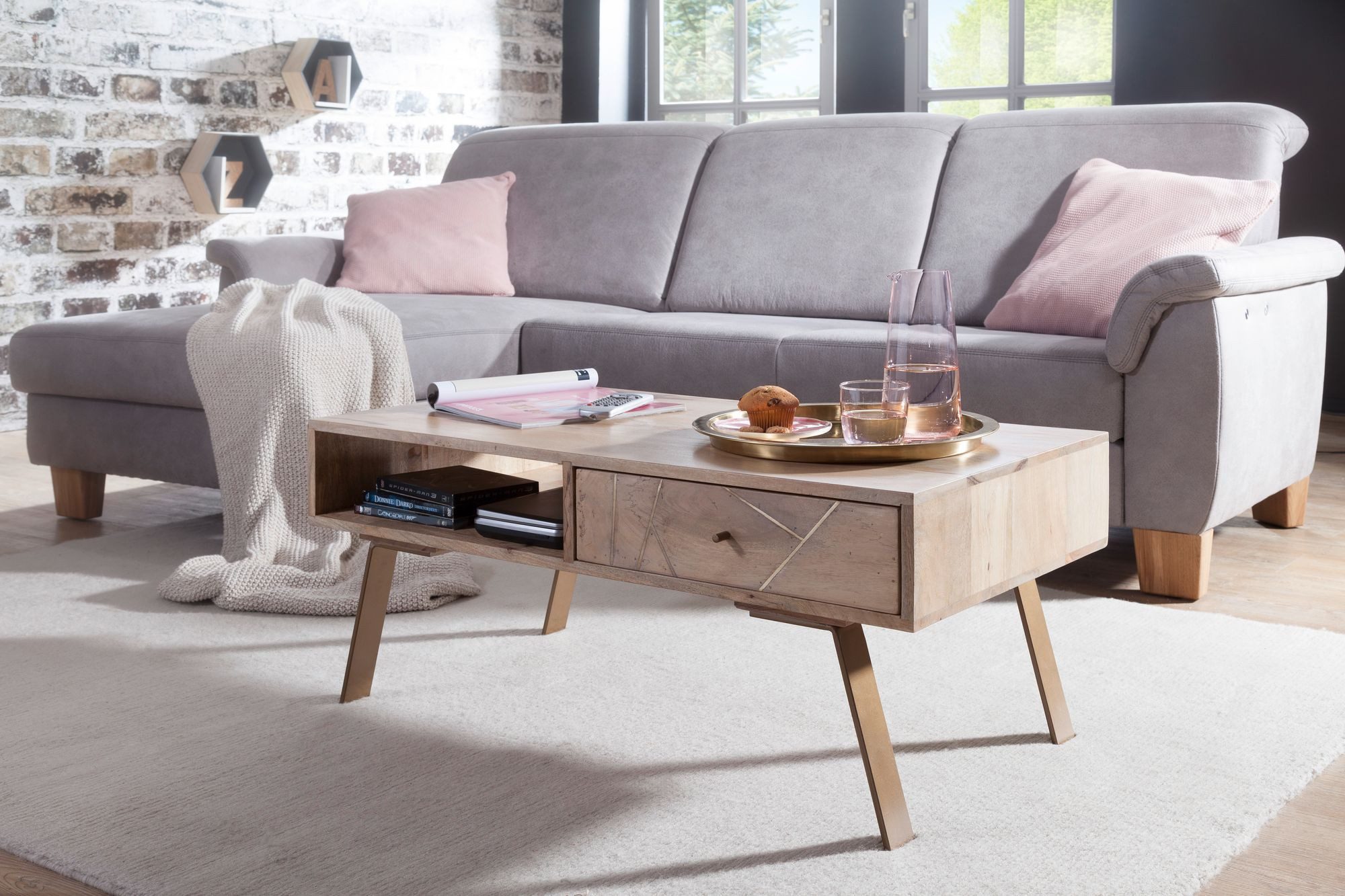 FINEBUY Couchtisch Couchtisch Massivholz rechteckig 95cm Wohnzimmertisch Sc günstig online kaufen