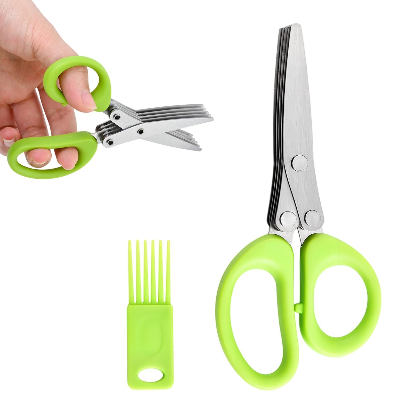 FOUORTUNATE-BEE Kräuterschere Kräuterschere 5 Klingen Edelstahl Küchenschere mit Reinigungskamm, Für Schnittlauch Petersilie Rosmarin Kräuter Gemüse Küche