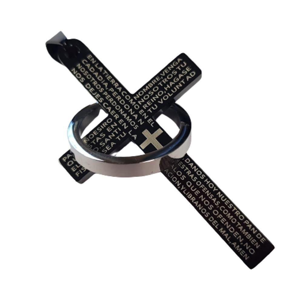 und Kreuz-Anhänger zweifarbig Set Ring Gebetstext (1-tlg), BUNGSA Halsketten schwarz aus Edelstah Anhänger Pendant mit