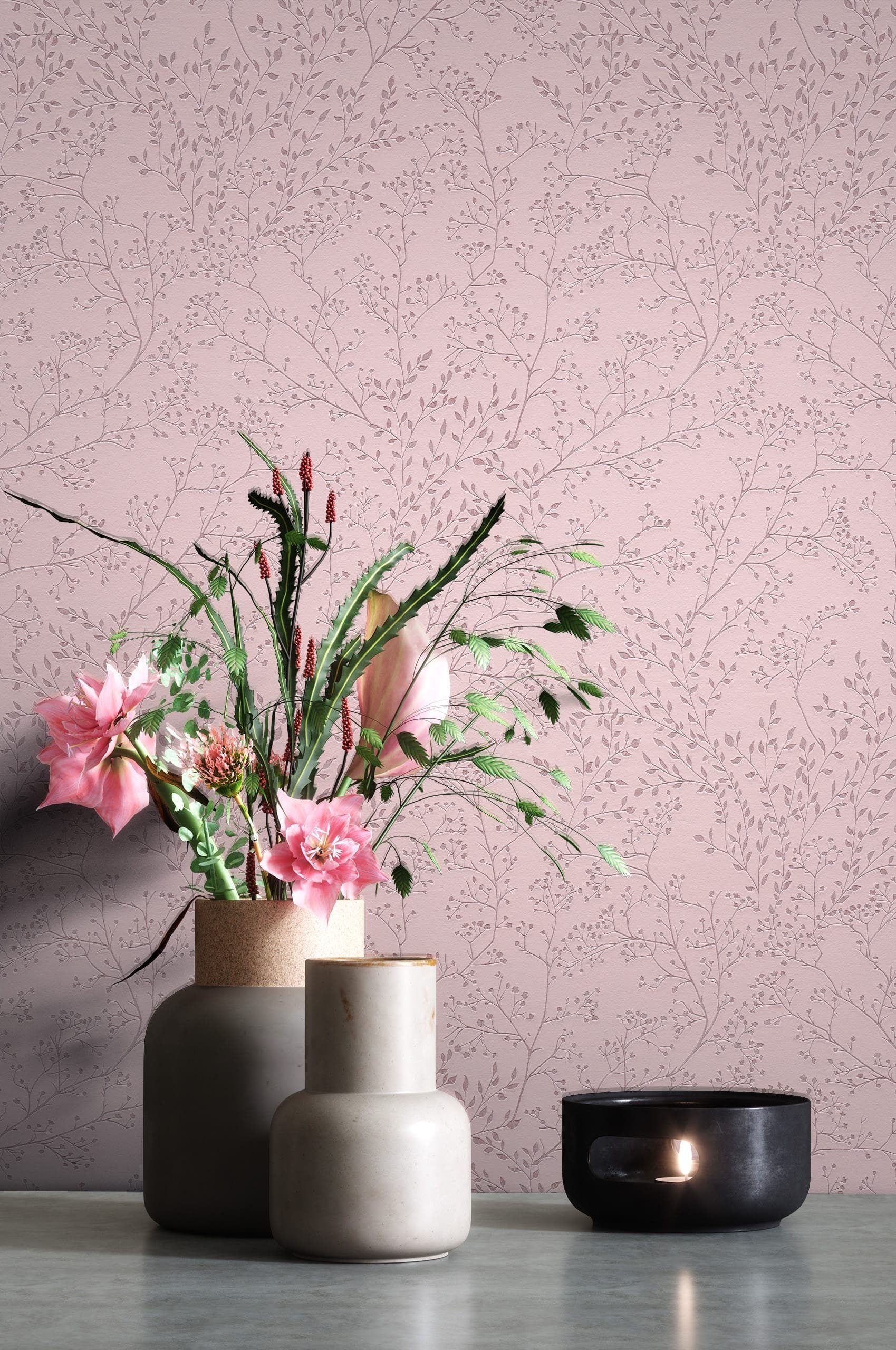 Newroom Vliestapete, Rose Tapete Floral Äste - Ästetapete Blumentapete Rosa günstig online kaufen