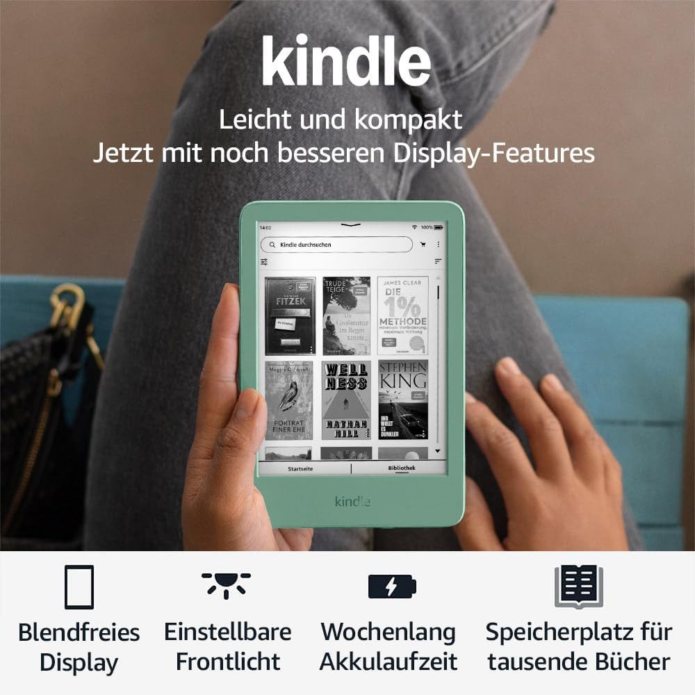 Kindle (Neuste Generation) Das leichteste & kompakteste E-Book (6", 16 GB, blendfreier Bildschirm, schnelleres Umblättern, lange Akkulaufzeit)