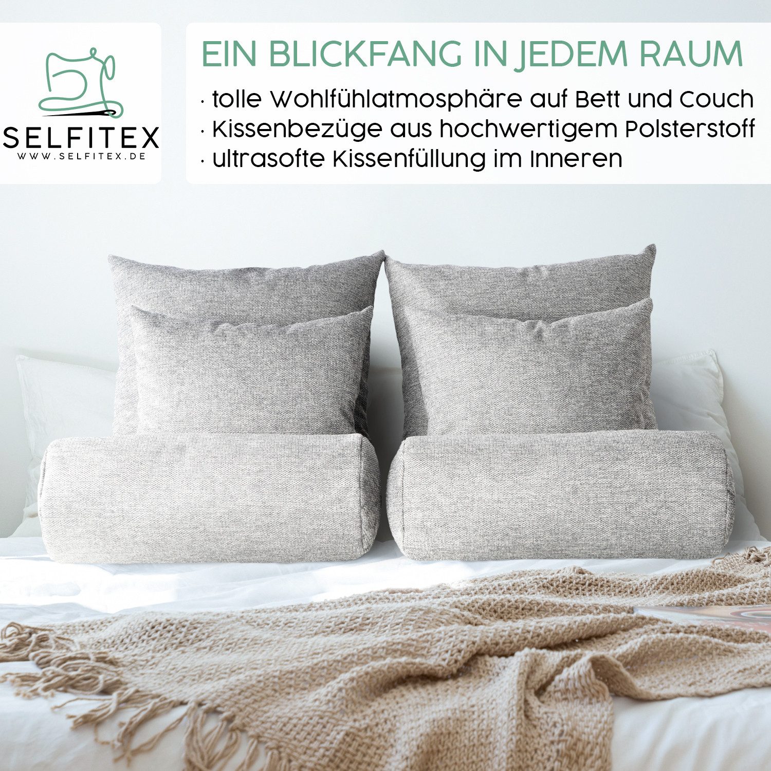 Selfitex Sofakissen 6-tlg. Kissen Set, 2x großes Kissen/2x kleines Kissen/2x Nackenrolle, (6er Set, 2x 60x80 cm, 2x 50x50 cm, 2x 19x65 cm), für Sofa, Couch, Bett oder als Polster jeglicher Art