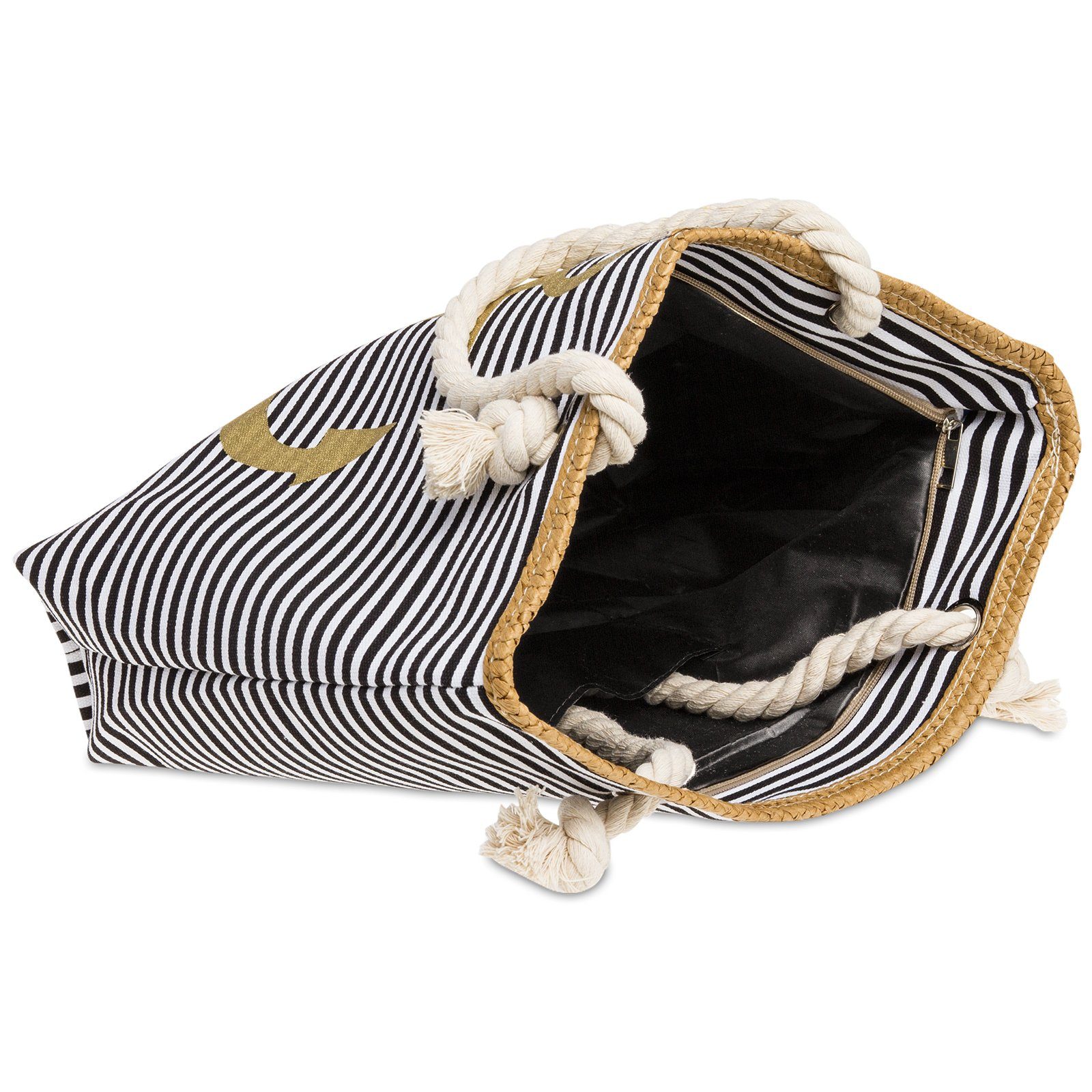 Caspar Strandtasche maritimen Shopper Streifen Reißverschluss gold TS1040 ANKER Damen Strandtasche - schwarz Muster mit und 