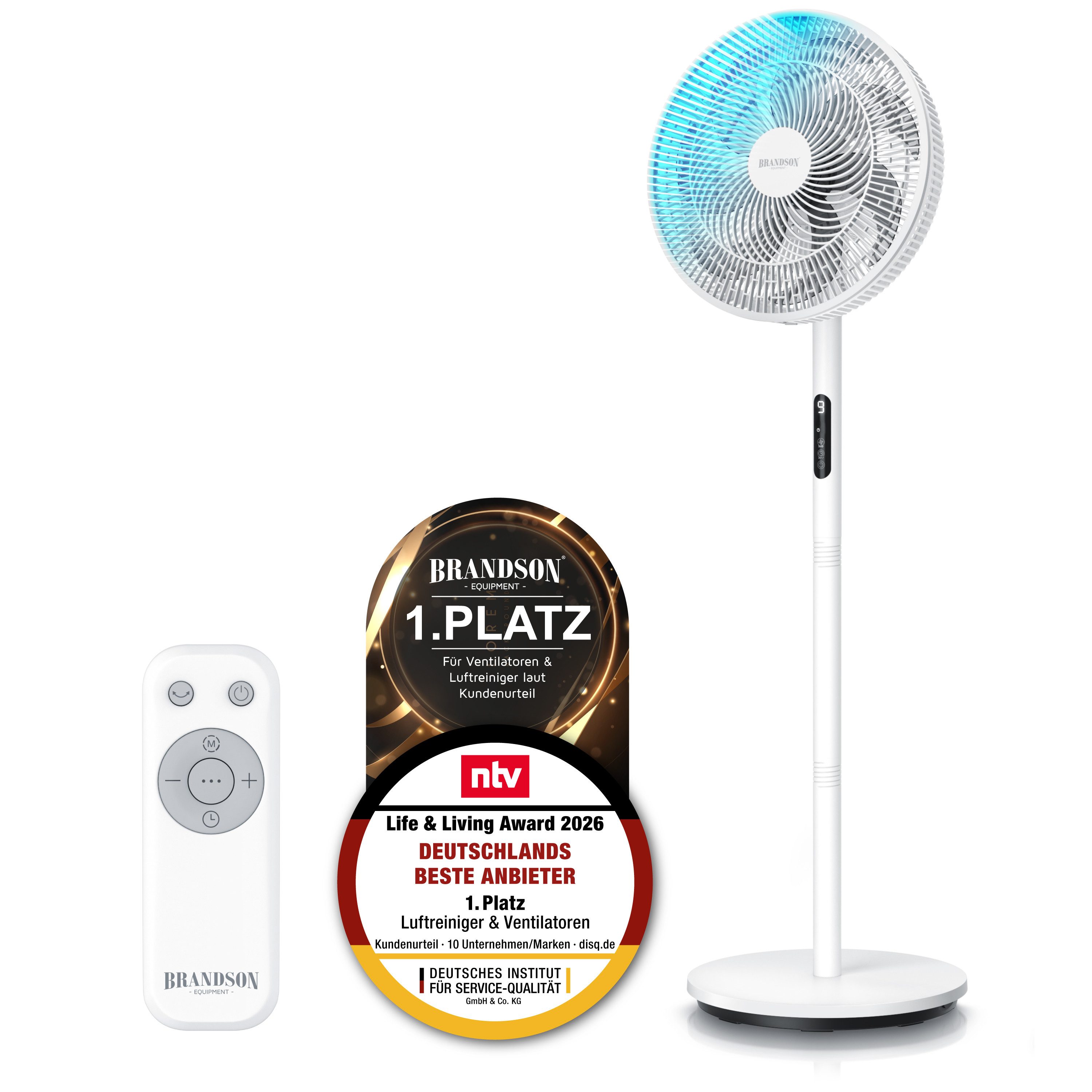 Brandson Standventilator DC, leise, energiesparend, Oszillation, Timer, Fernbedienung, 30 Watt, 39.8 cm Durchmesser, Preisträger 2026, 9 Geschwindigkeitsstufen, Lüfter, höhenverstellbar