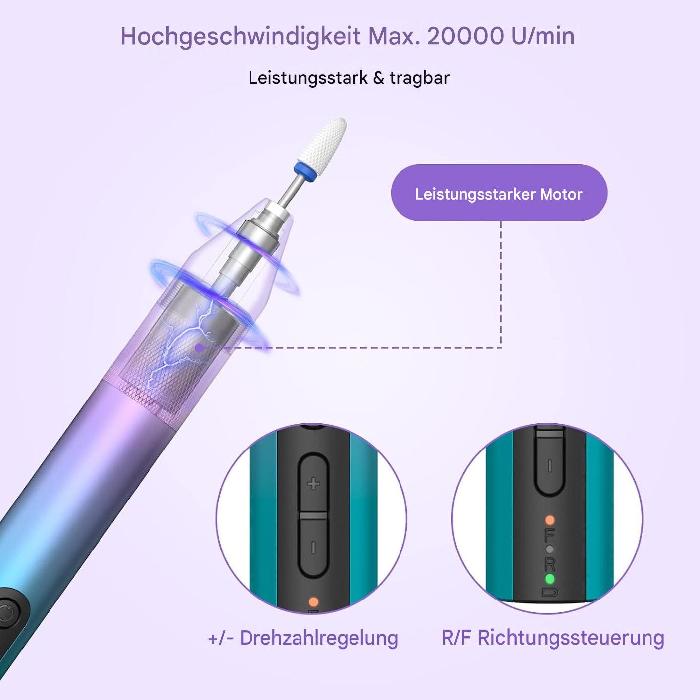 GarveeMore Maniküre-Pediküre-Set, 1-tlg., 5 Nagelfräseraufsätze, 1 Keramikaufsatz, Nagelkunstpinsel, Geräuscharm und vibrationsarm – Bild 3 von 5