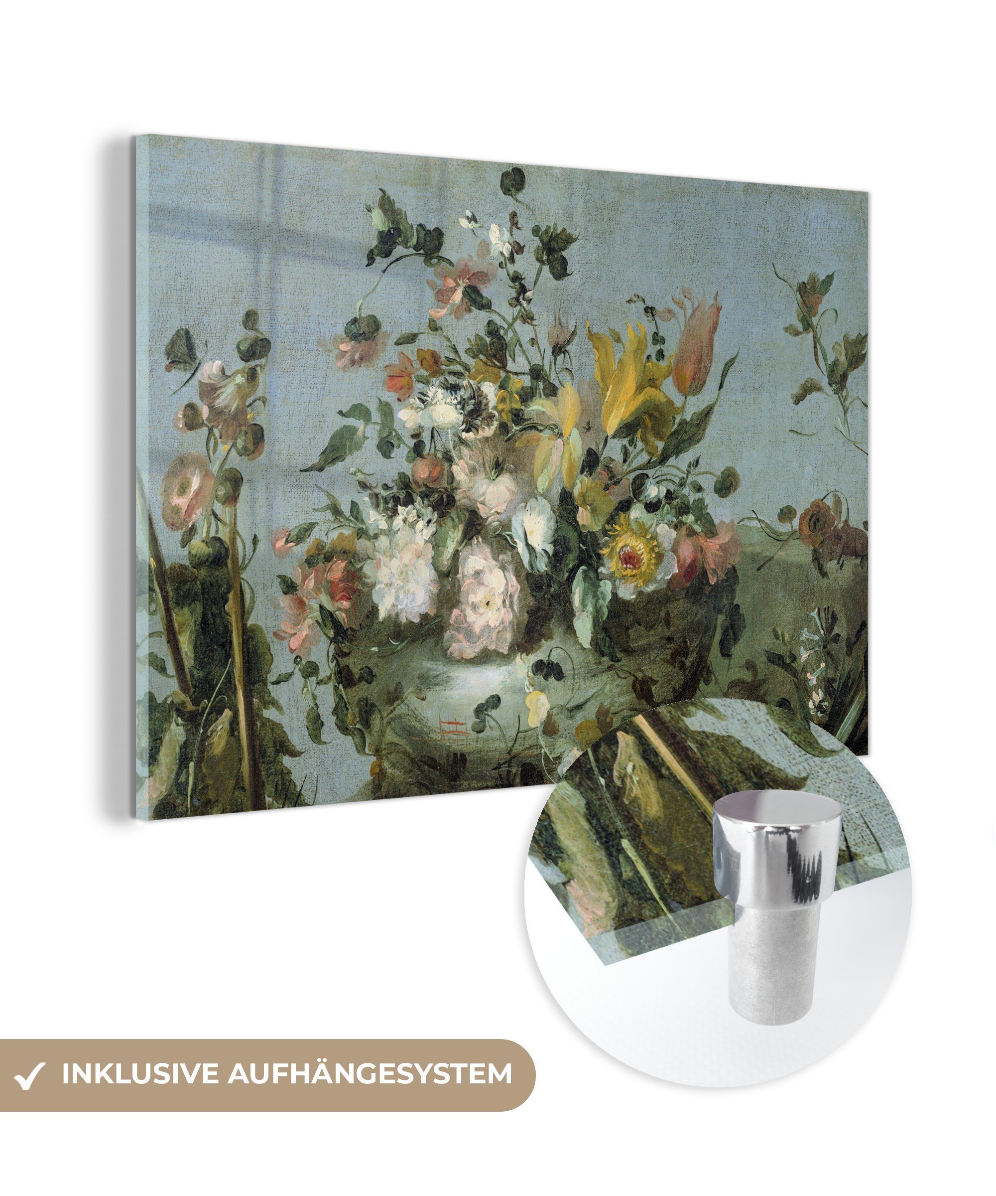 Blumen Glas Glas (1 Foto - Alte MuchoWow auf St), - Acrylglasbild Meister Wanddekoration Ölfarbe, - Wandbild - Glasbilder Bilder - auf