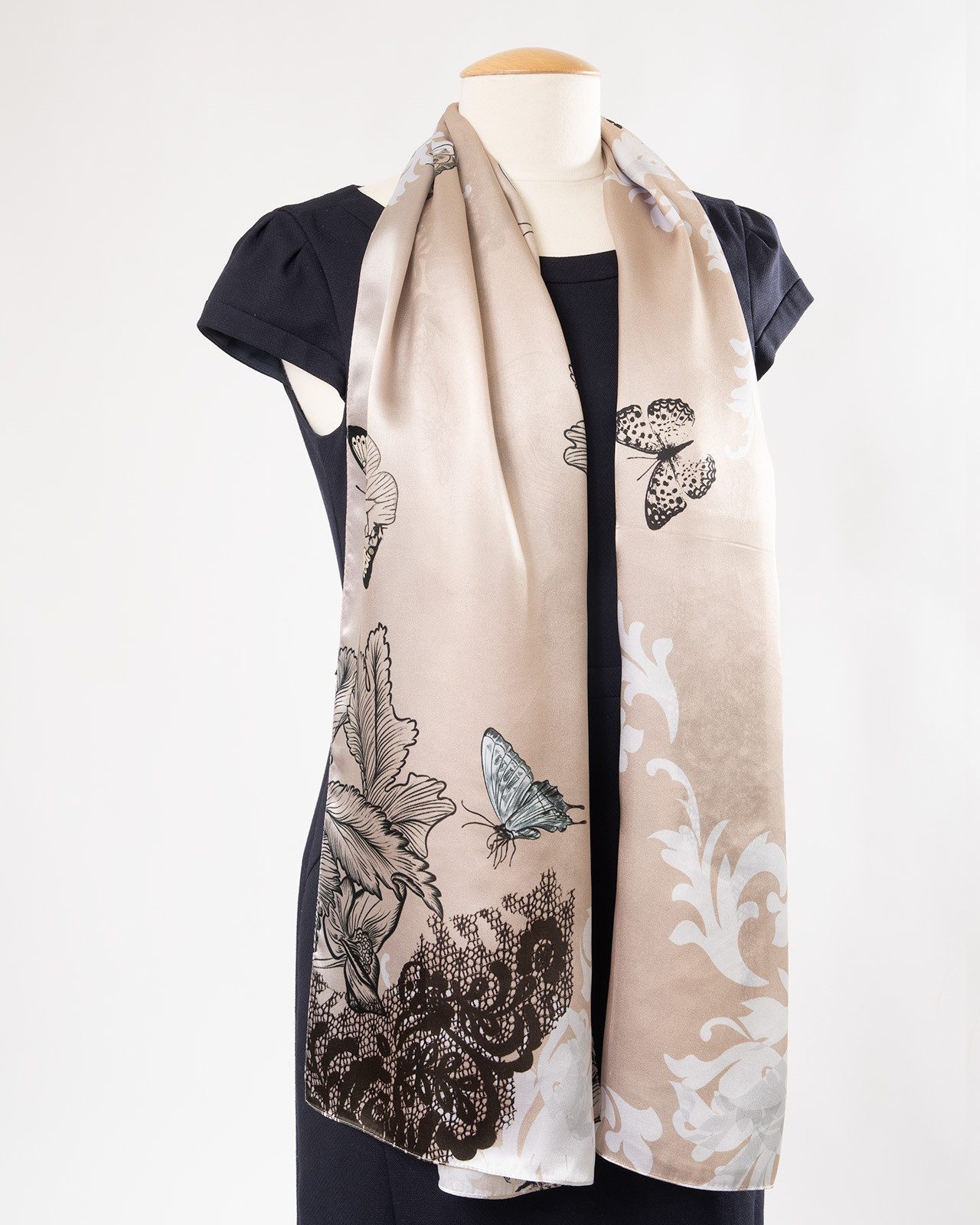MayTree Seidenschal Lace taupe schwarz, 55x175cm, leichter Damen-Schal, alljährig, (Stück), Seidentuch 100% Seide