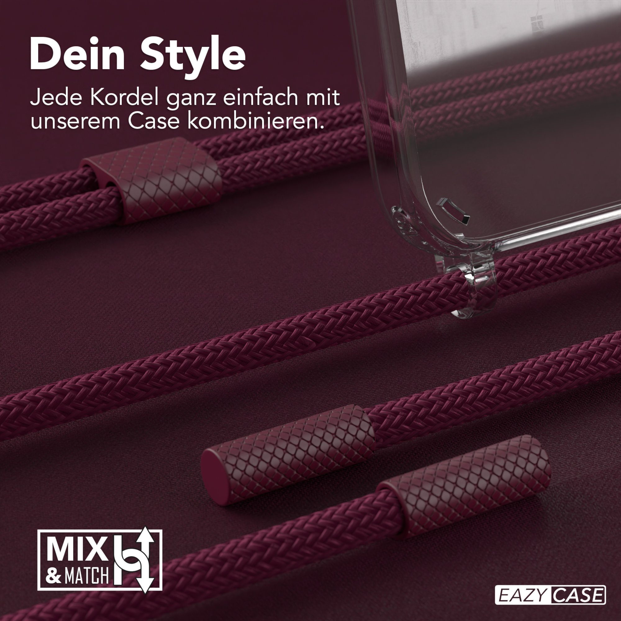 EAZY CASE Handykette Silikon Kette für Apple iPhone 12 iPhone 12 Pro 6,1 Zoll, Silicon Handyhülle mit breiter Kette Carabiner Bordeaux Rot Beere