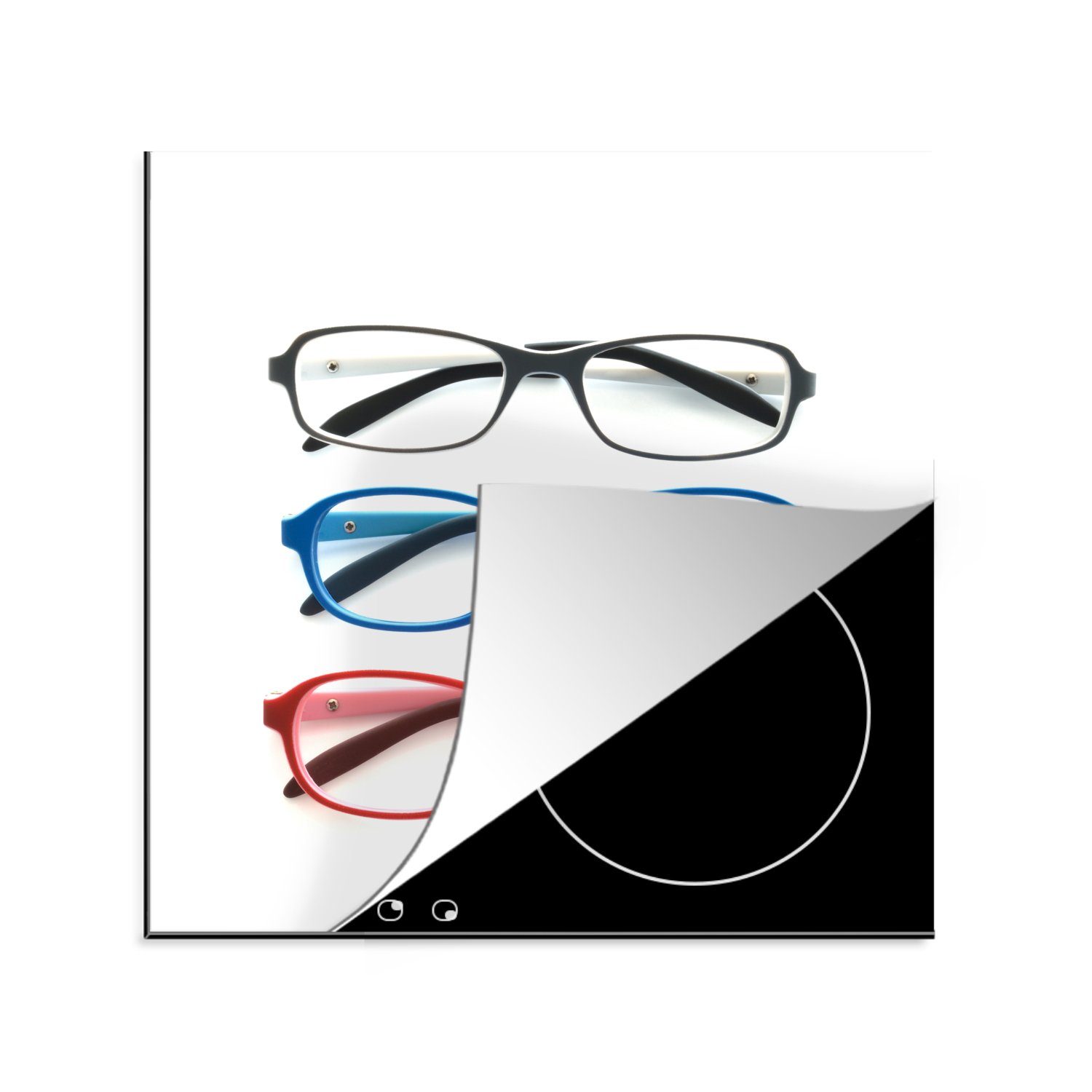 MuchoWow Herdblende-/Abdeckplatte Drei Brillengestelle in einer Reihe, Vinyl, (1 tlg), 78x78 cm, Ceranfeldabdeckung, Arbeitsplatte für küche