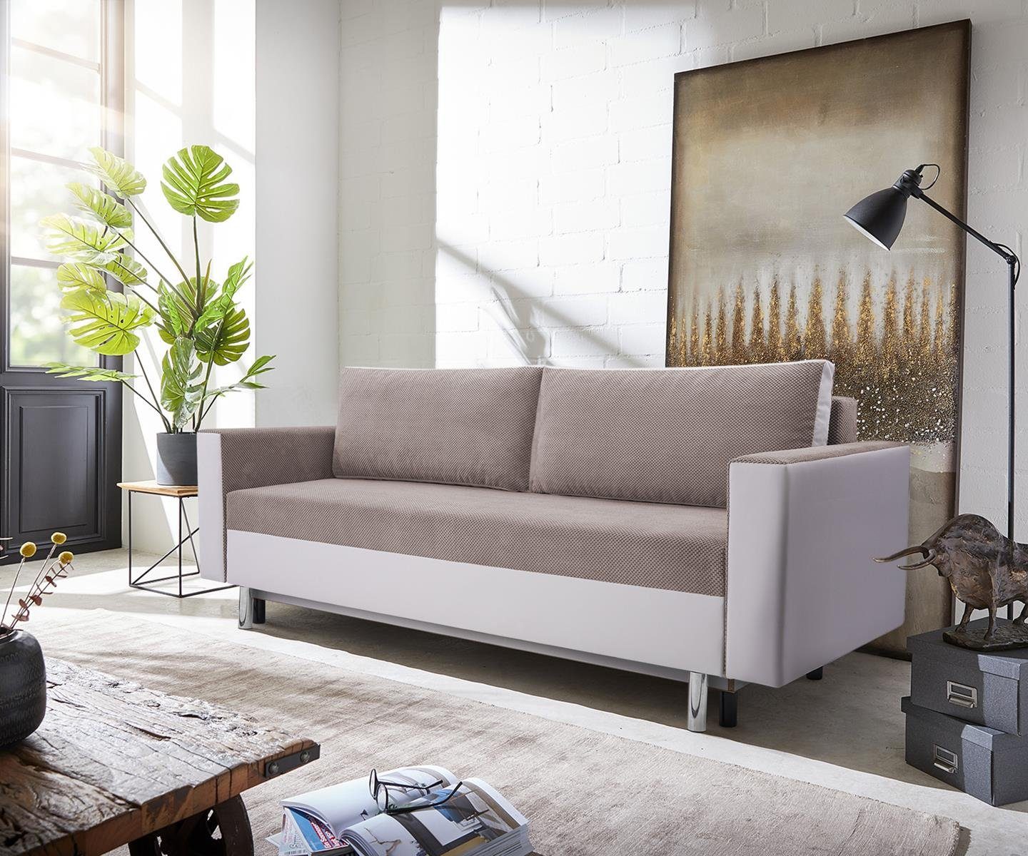 Beautysofa 3-Sitzer MALTA, Polstersofa + aus Bettkasten, 225 Webstoff 15 Braun Schlaffunktion und cm (dot + Dreisitzer Kunstleder, Sofa Weiß mit 920) madryt 