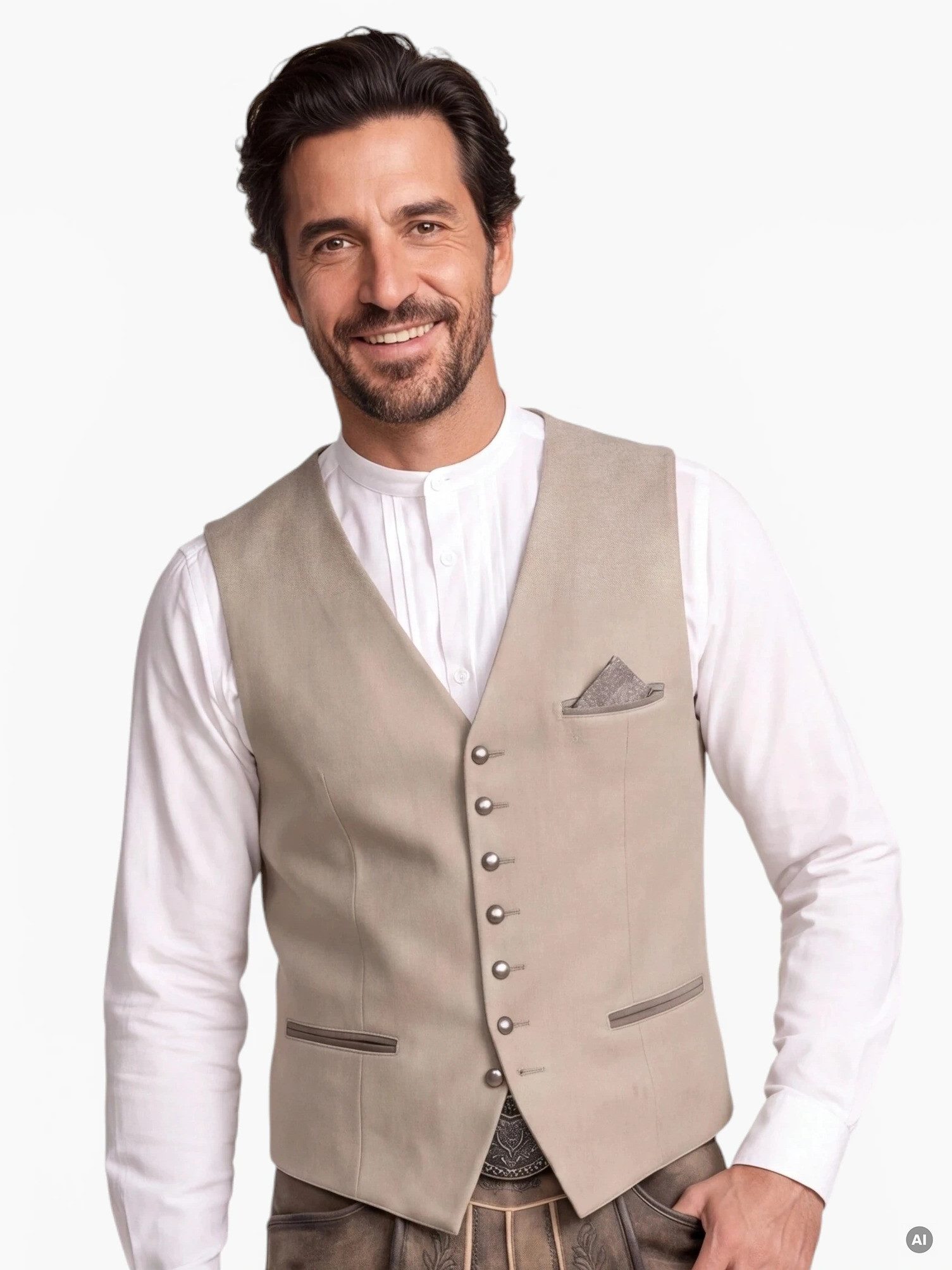 KRÜGER BUAM Trachtenweste Ferdi Gilet in beige mit Einstecktuch, Kontrastpaspeln und Rückenriegel