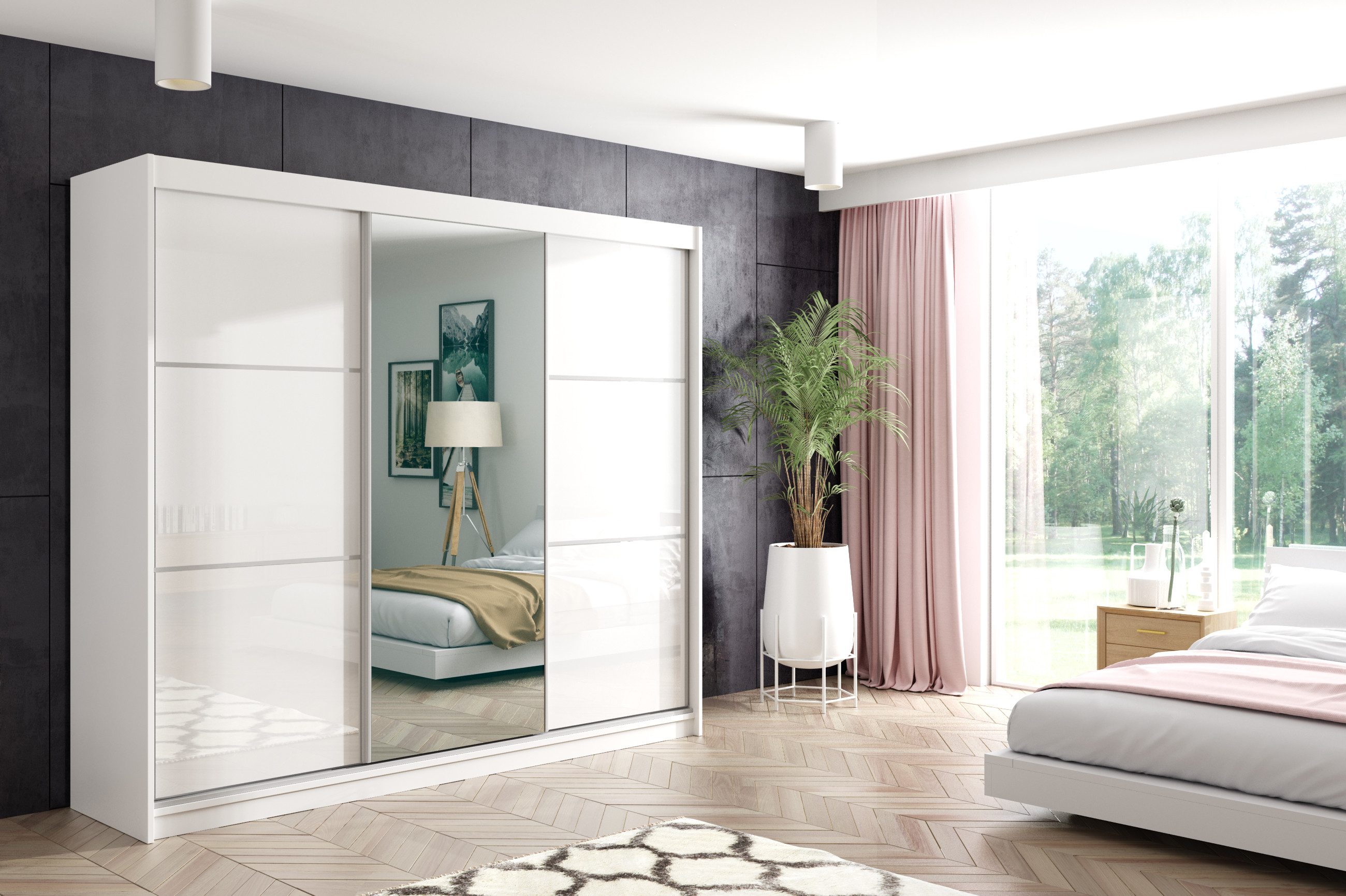 ALTDECOR Schiebetürenschrank VIVONA (Kleiderschrank Garderobenschrank mit viel Stauraum Moderner Schrank) Vielseitiger Schwebetürenschrank Lacobel LED Beleuchtung